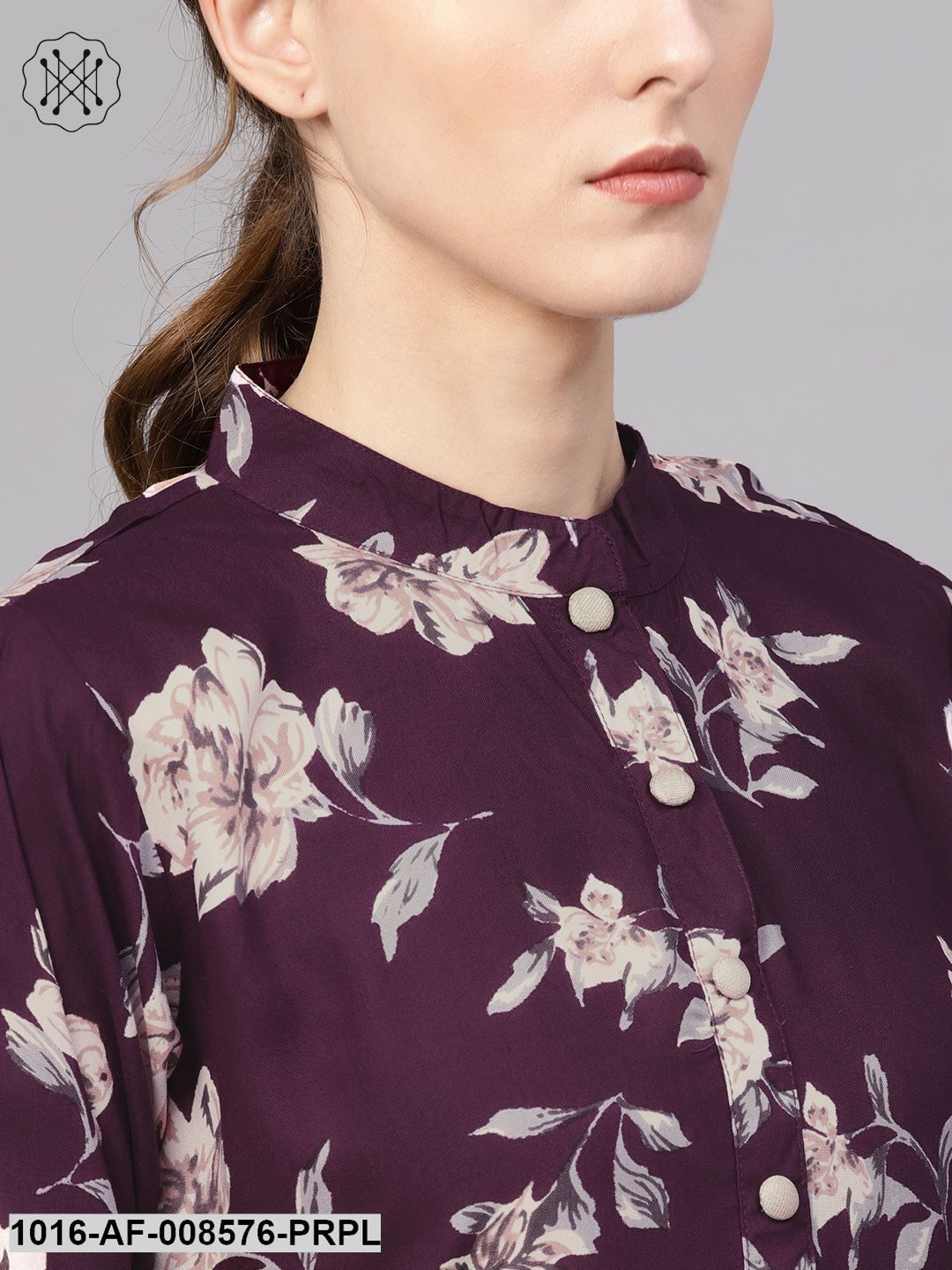 Dark Purple Floral Printed Straight Kurta With Straight Pants