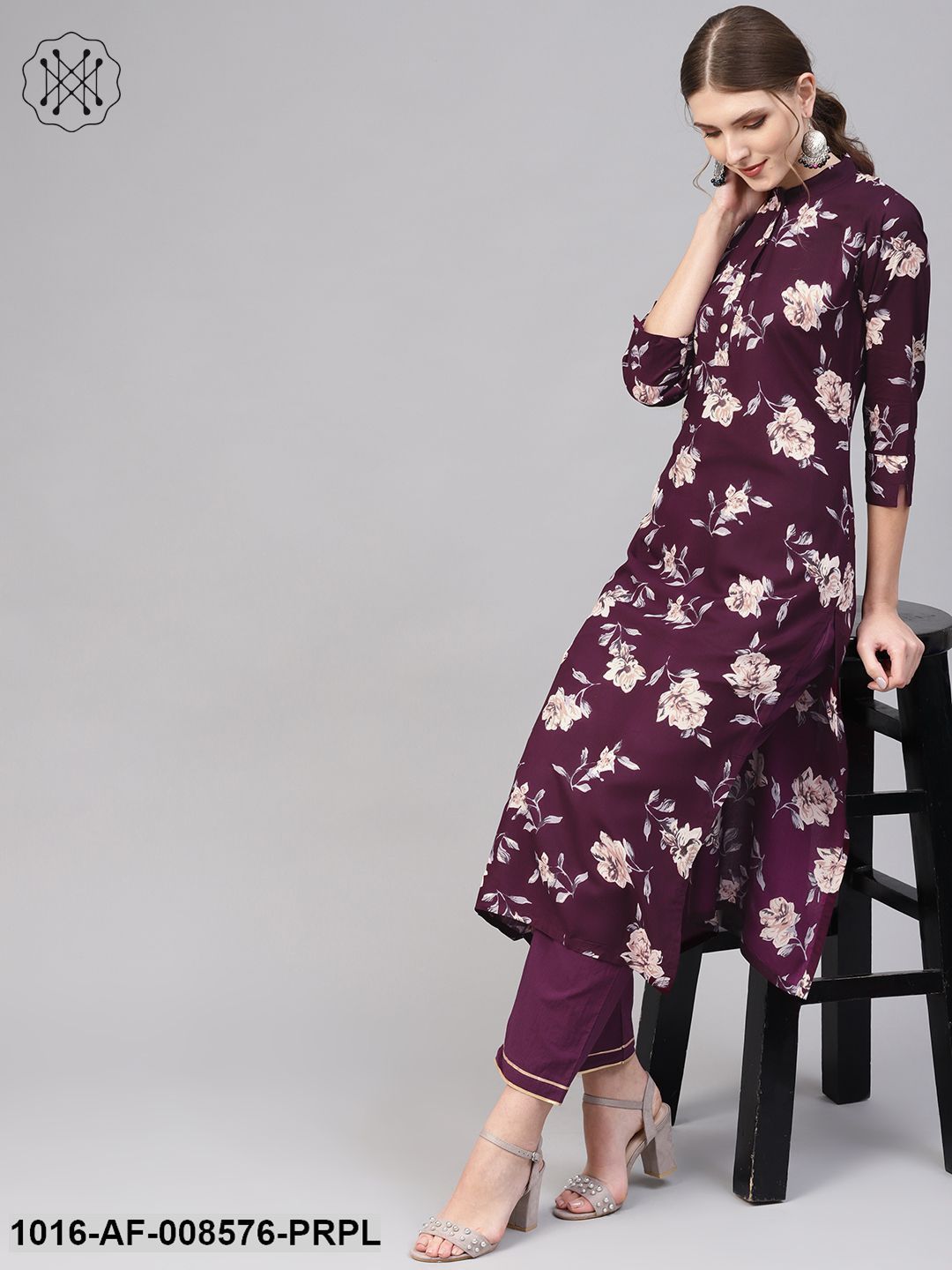 Dark Purple Floral Printed Straight Kurta With Straight Pants