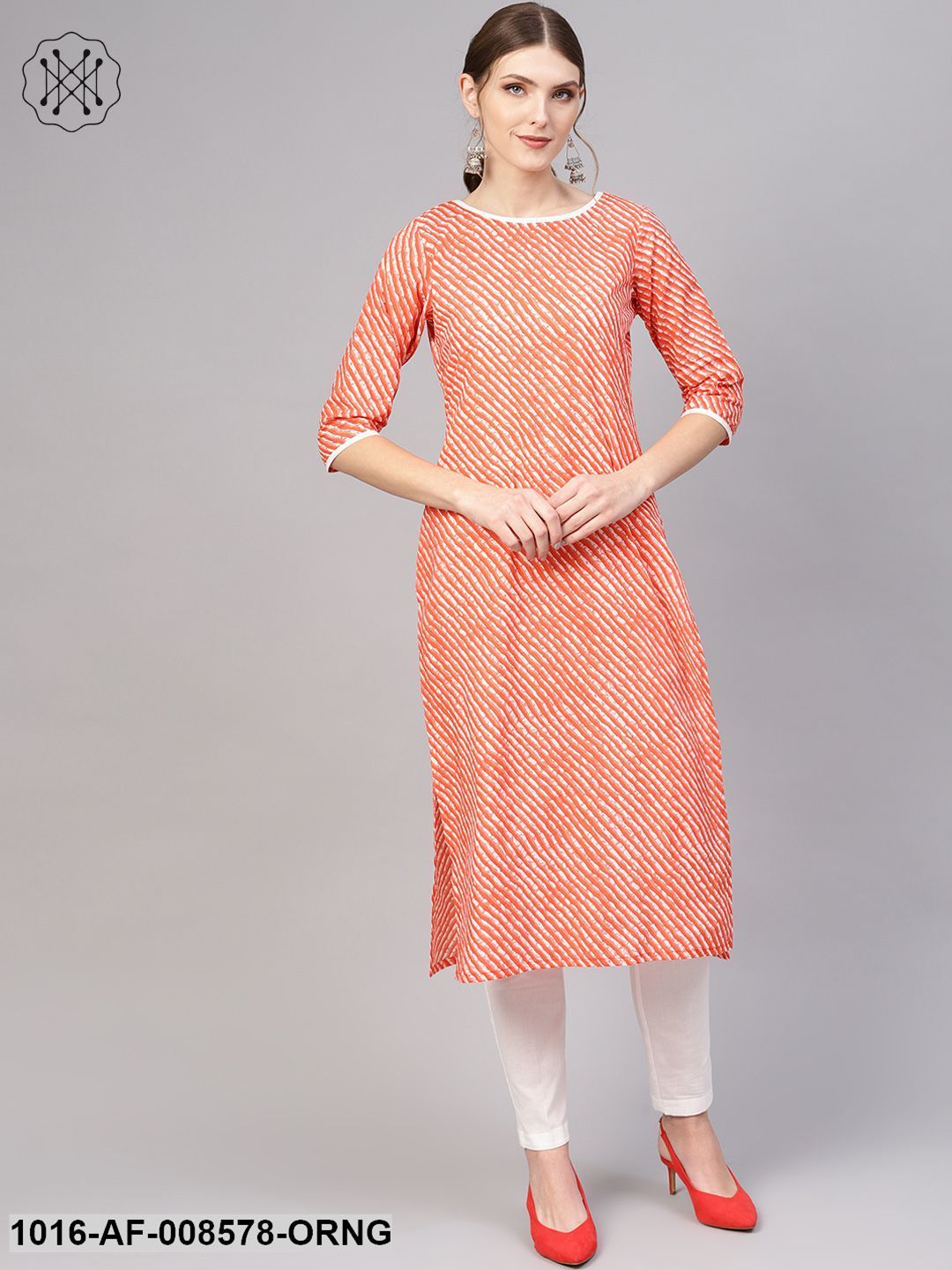 White & Orange Lehriya Straight Kurta Set With White Straight Pants