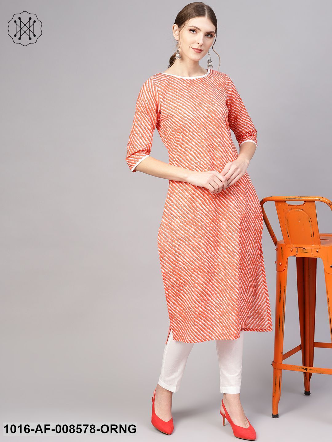 White & Orange Lehriya Straight Kurta Set With White Straight Pants