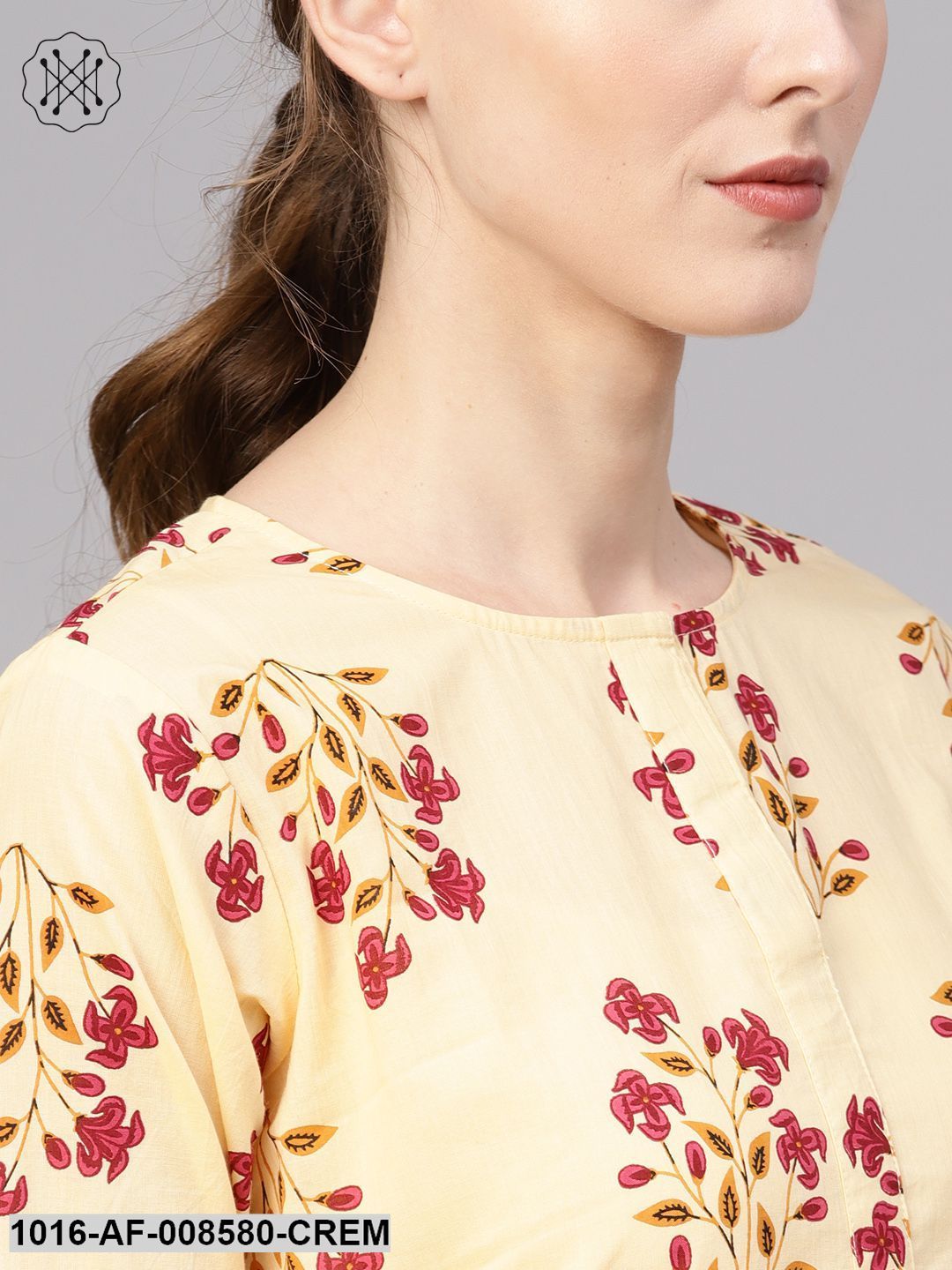 Cream & Pink Printed Straight Kurta With Striped Pants