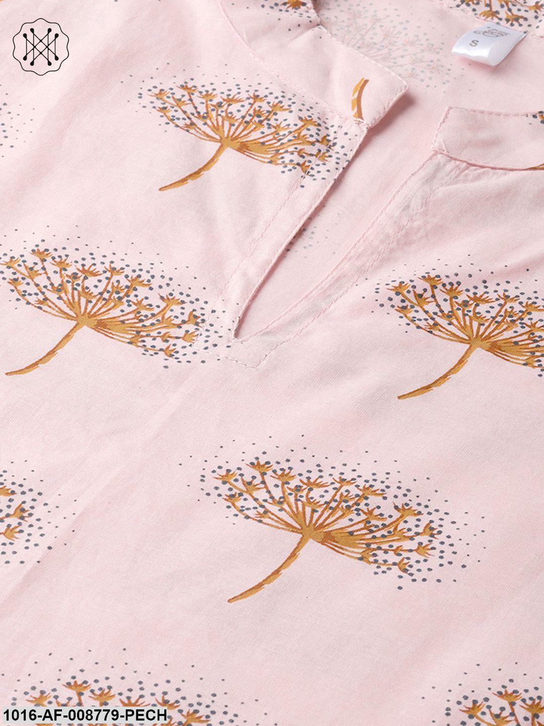 Peach printed Mandarin collared Kurta Set with Straight Pant