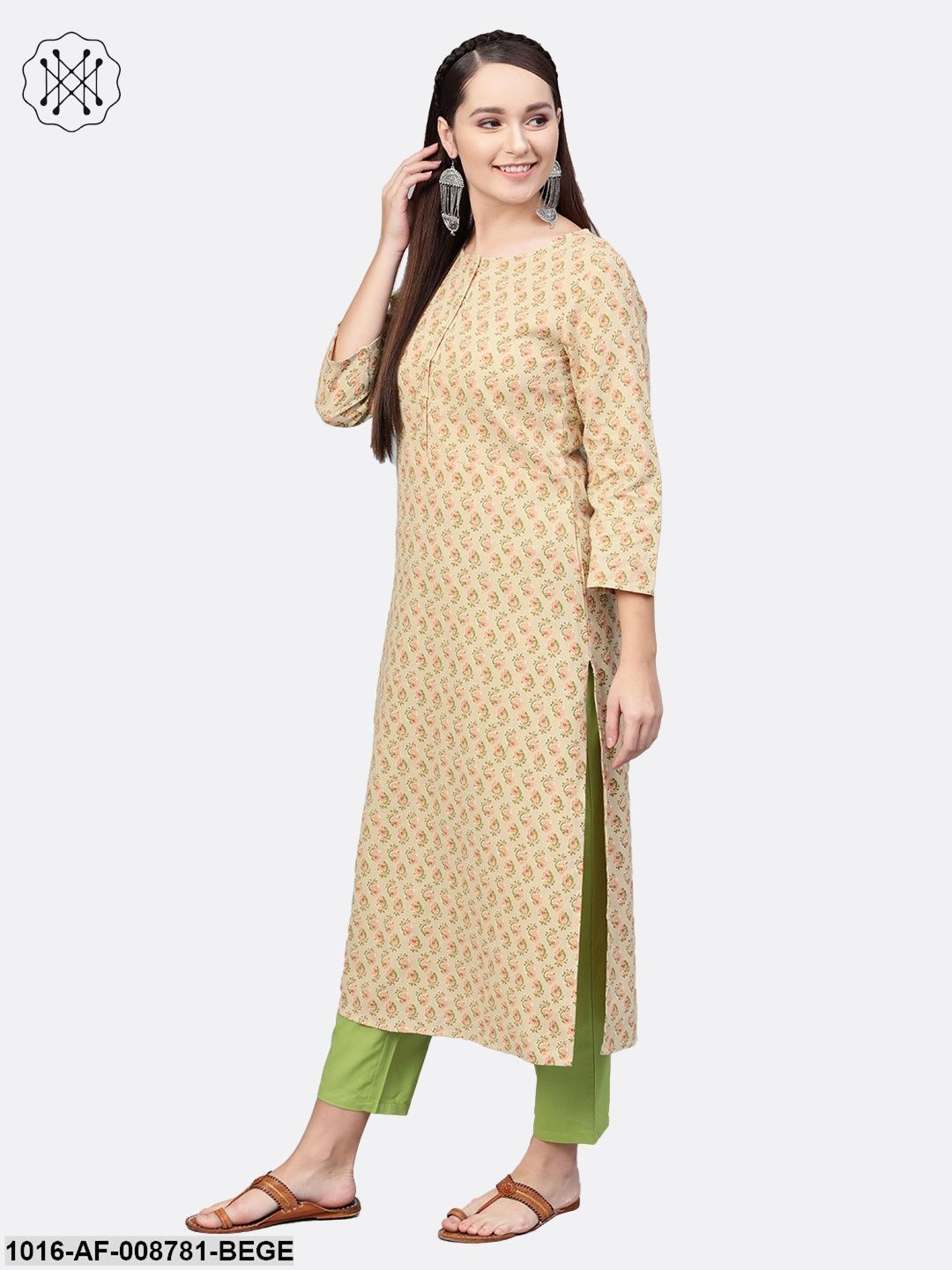 Beige Floral Printed Kurta Set with solid green Pants