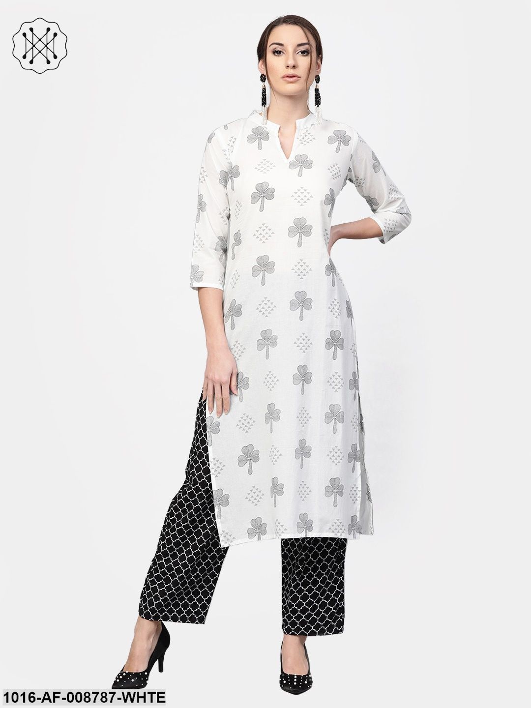 White & Navy Blue Printed Kurta set with Pants