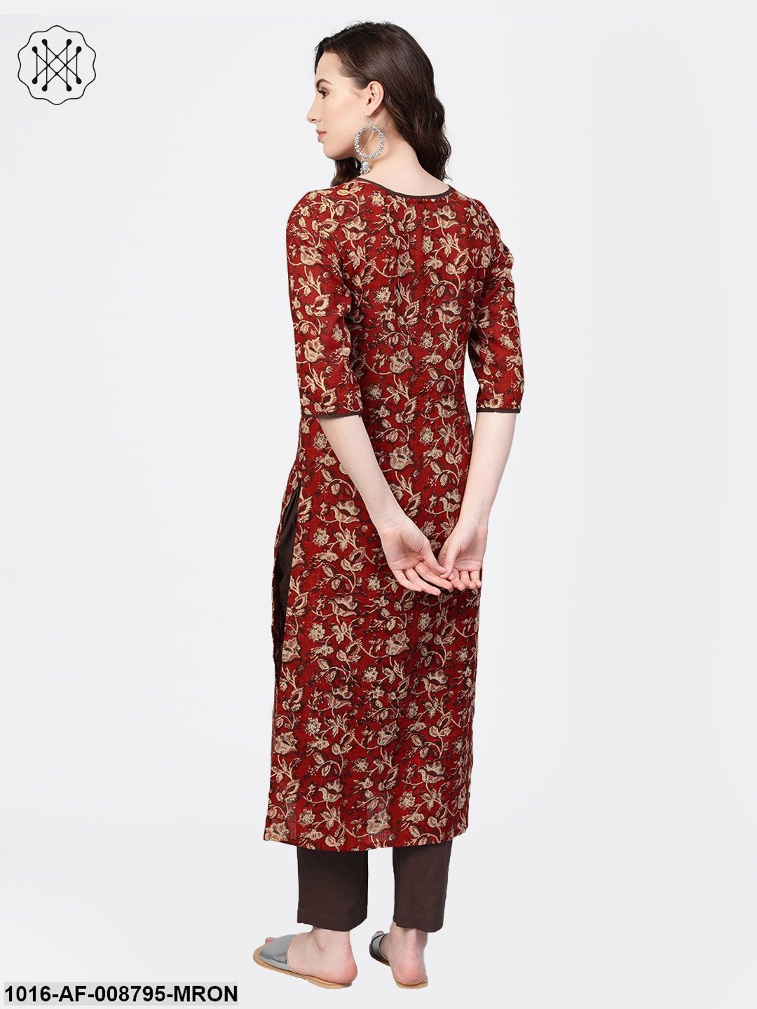 Maroon Floral printed Straight kurta set with dark brown pants