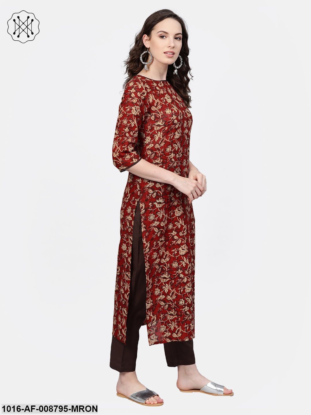 Maroon Floral printed Straight kurta set with dark brown pants