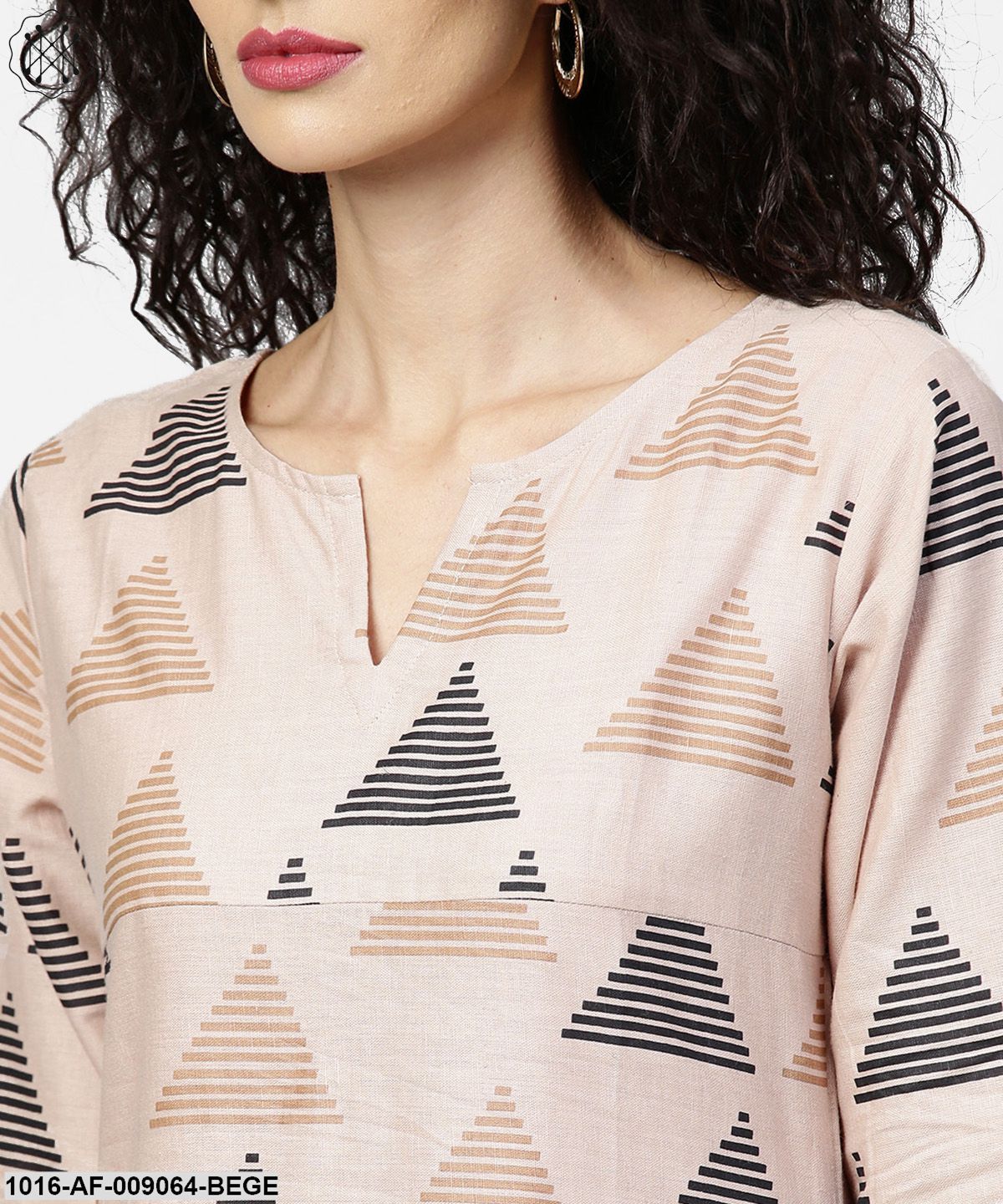 Beige Printed Long Flared Sleeve Straight Cotton Kurta With Black Ankle Length Flared Palazzo