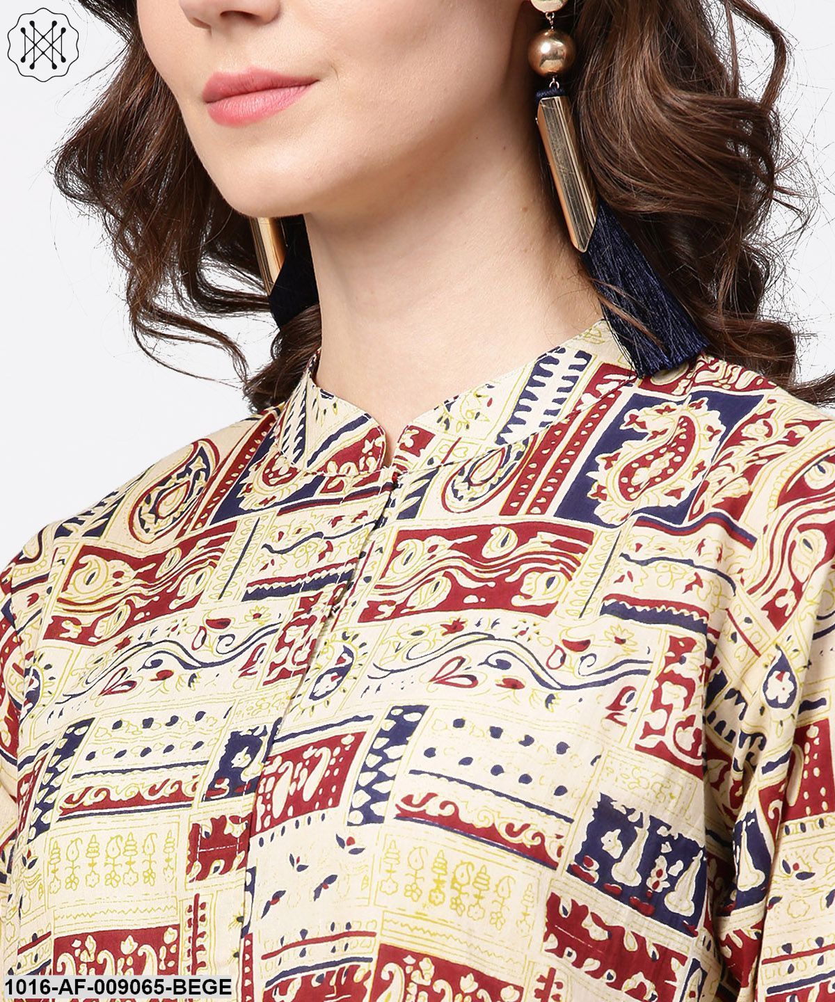 Beige Full Sleeve Cotton Anarkali Kurta With Blue Flared Ankle Length Palazzo