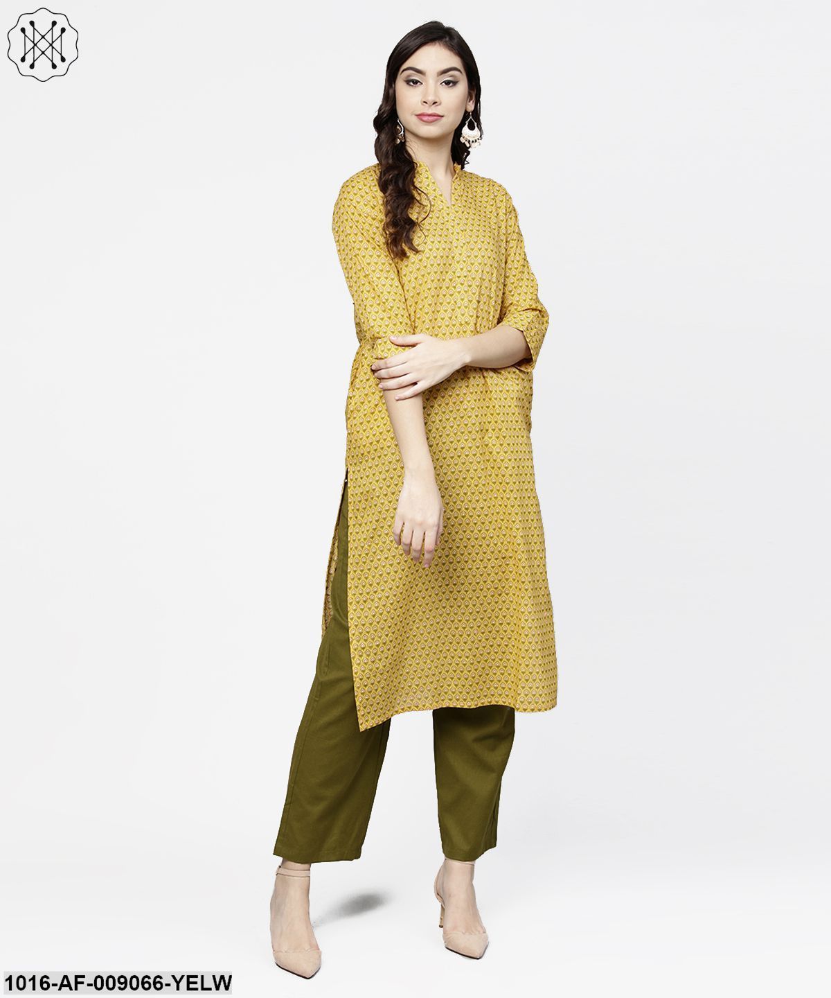 Yellow 3/4Th Sleeve Printed Cotton Straight Kurta Green Ankle Length Palazzo