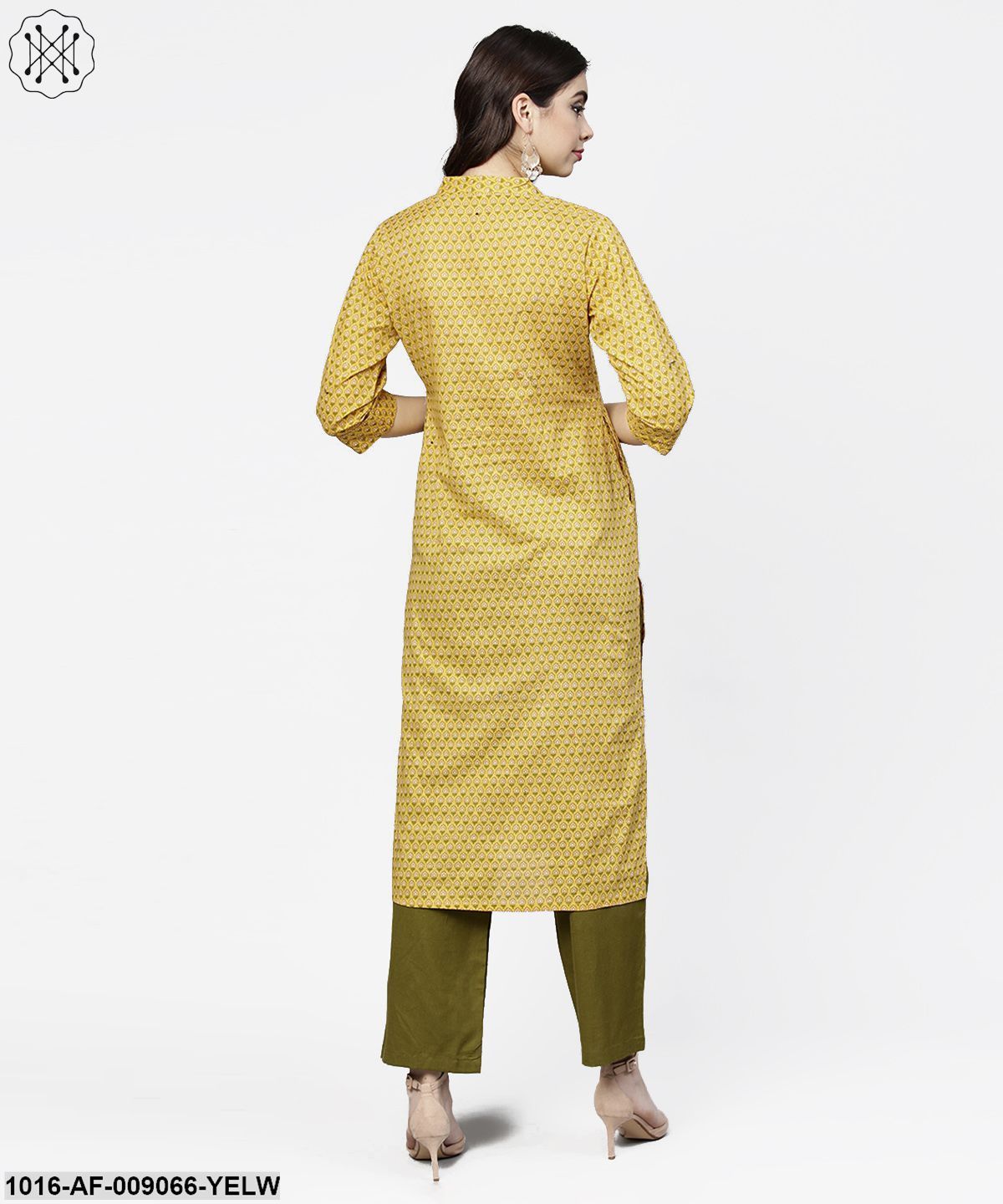 Yellow 3/4Th Sleeve Printed Cotton Straight Kurta Green Ankle Length Palazzo