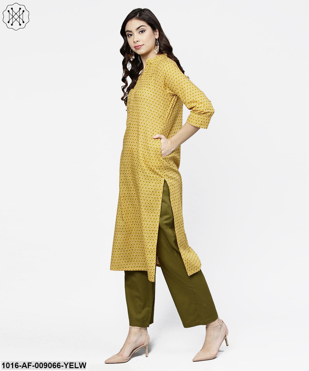 Yellow 3/4Th Sleeve Printed Cotton Straight Kurta Green Ankle Length Palazzo