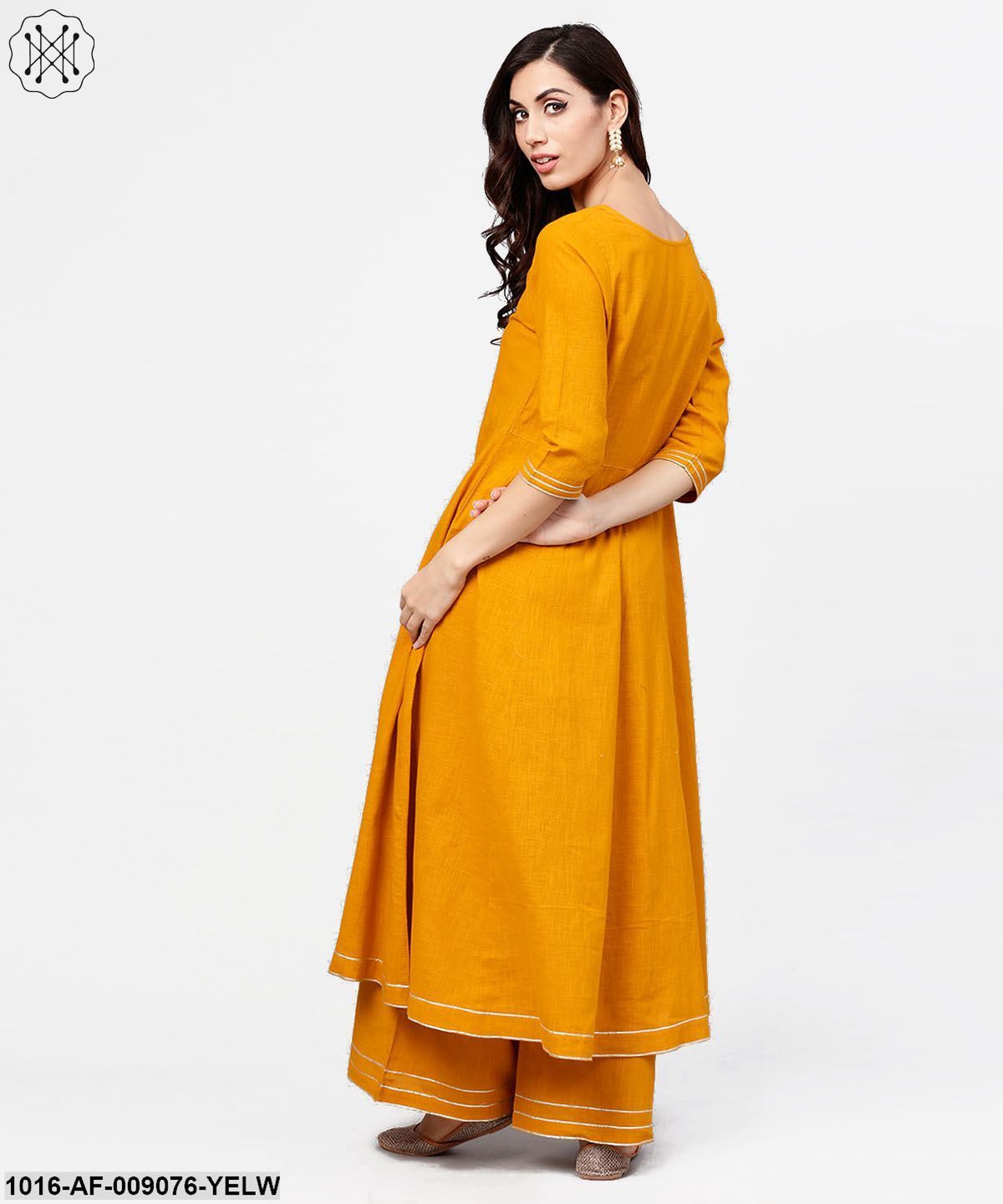 Yellow 3/4Th Sleeve Cotton Anarkali Kurta With Ankle Length Flared Pallazo With Gotta Work