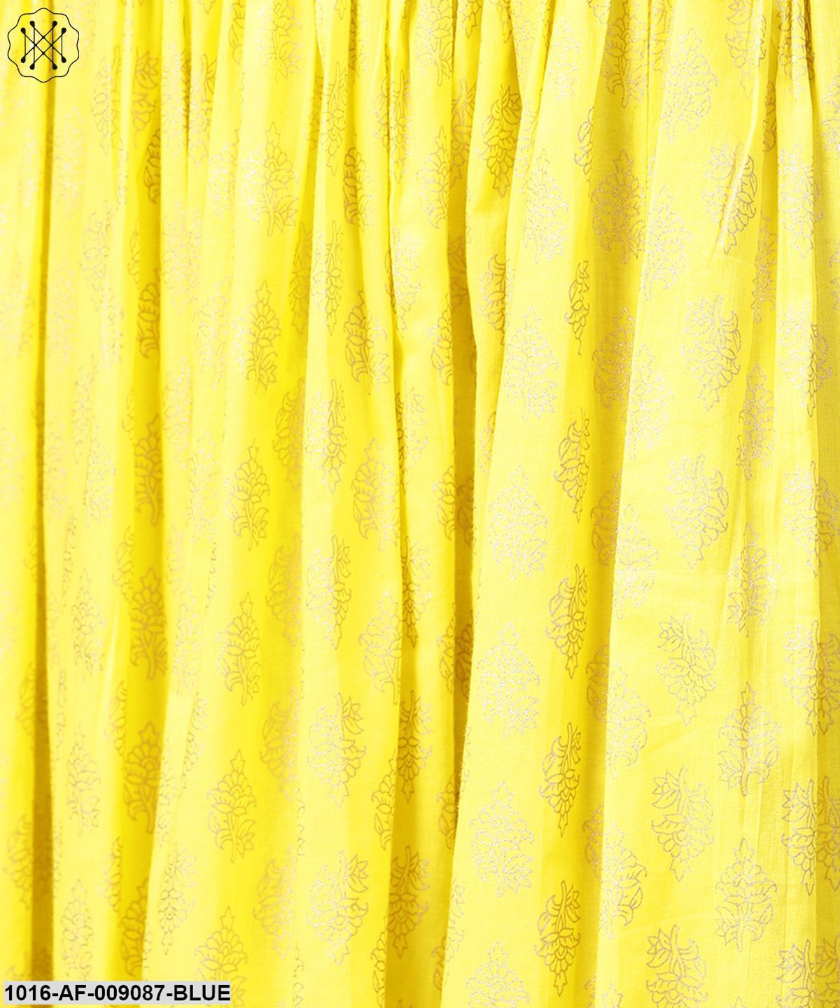 Blue Printed 3/4Th Cold Shoulder Sleeve Kurta With Yellow Flared Skirt