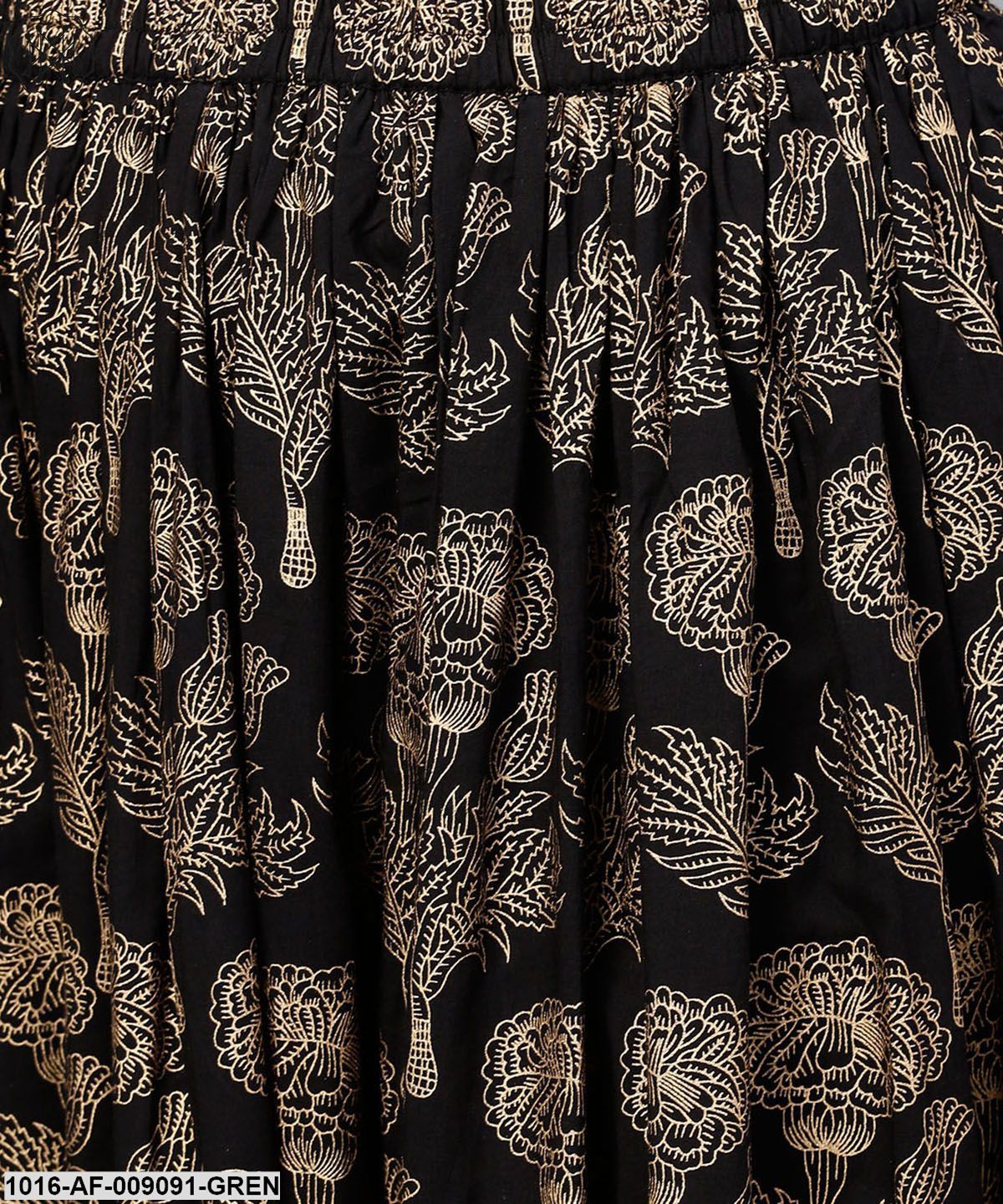 Green 3/4Th Sleeve Cotton Assymetric Kurta With Black Printed Skirt