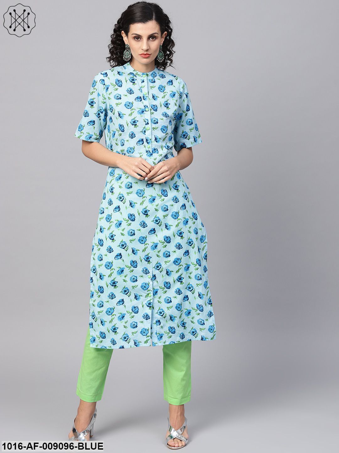 Cotton Light Blue Floral Printed Kurta Set With Solid Light Green Pants