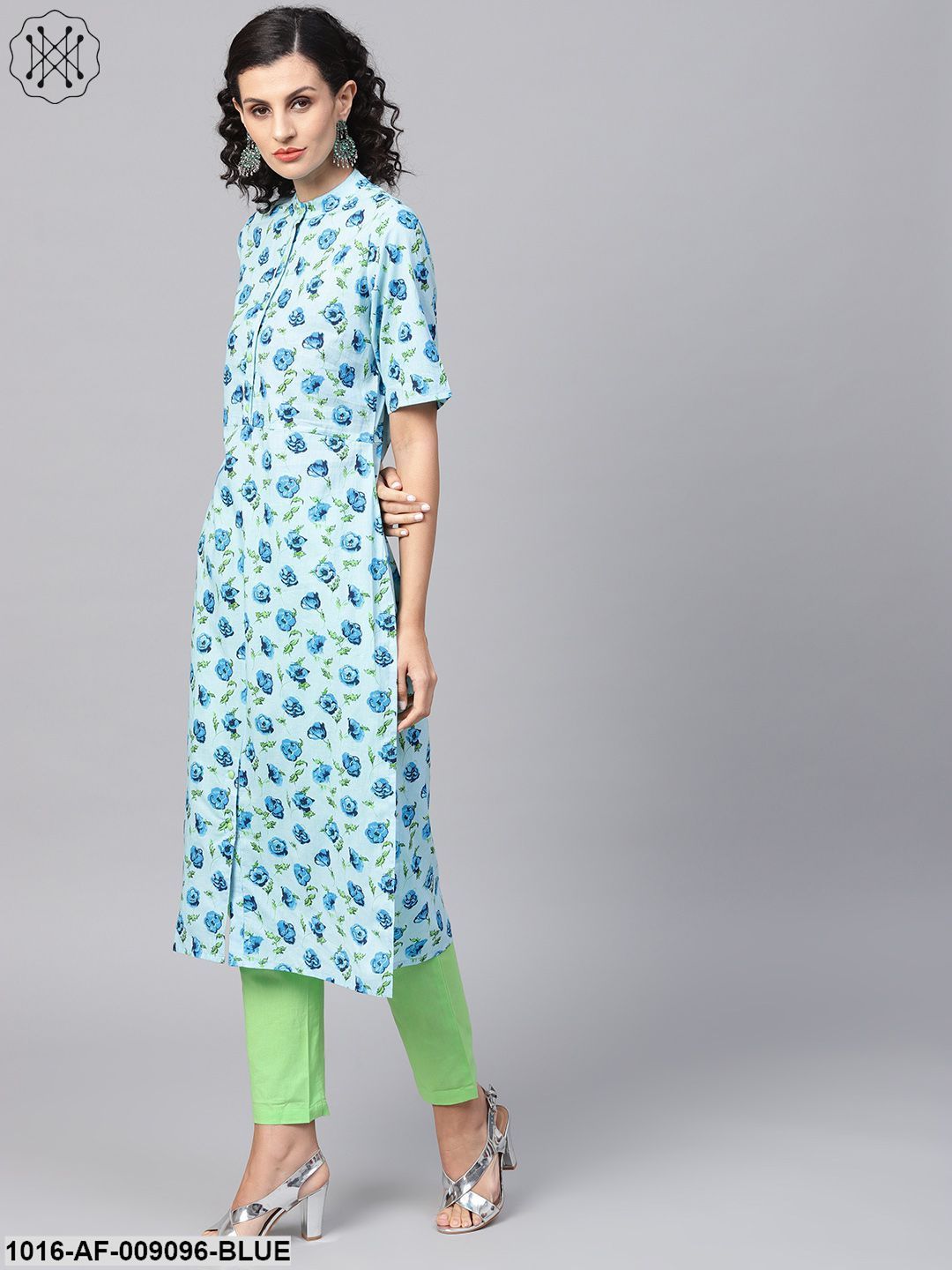 Cotton Light Blue Floral Printed Kurta Set With Solid Light Green Pants