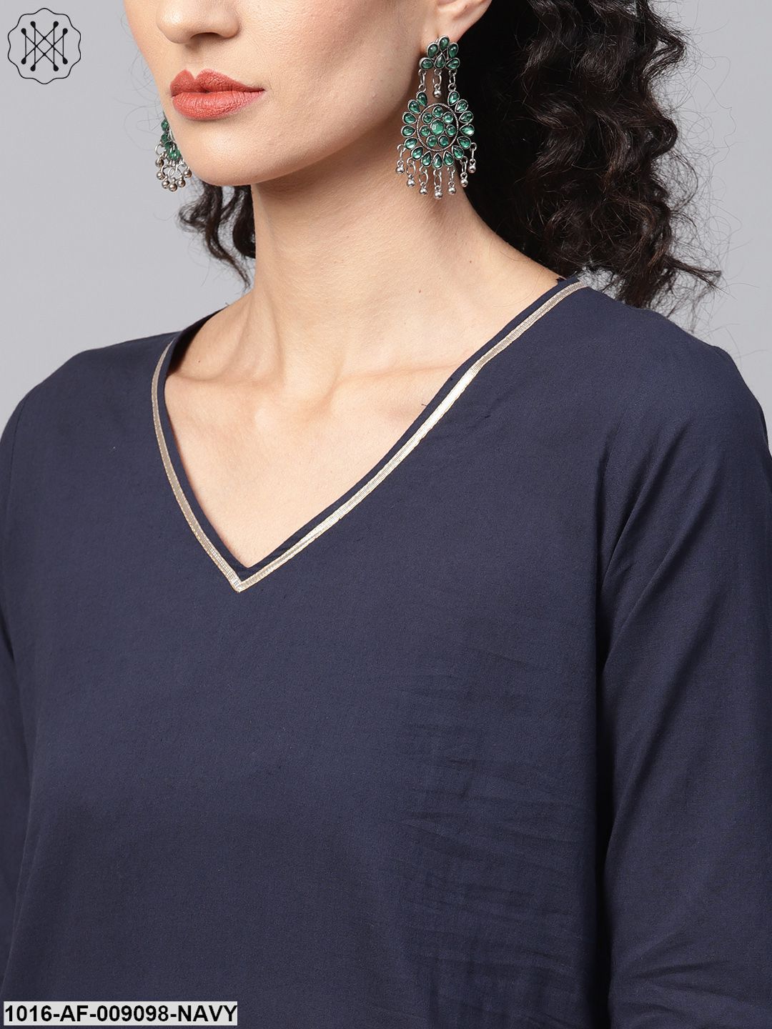 Navy Blue Kurta Set With Printed Palazzo & Contrasting Green Dupatta Emblished With Gota