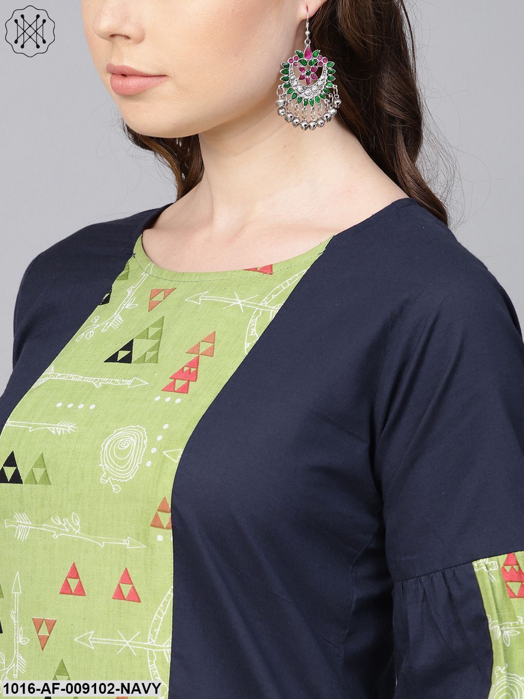 Light Green Printed Set With Navy Blue Solid Kurta & Green Printed Palazzo