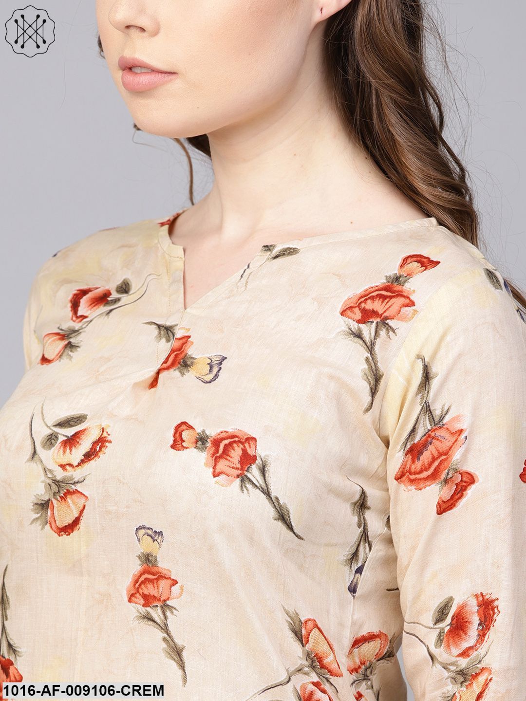 Cream Printed 3/4Th Sleeve Cotton Kurta SetWith Solid Pants