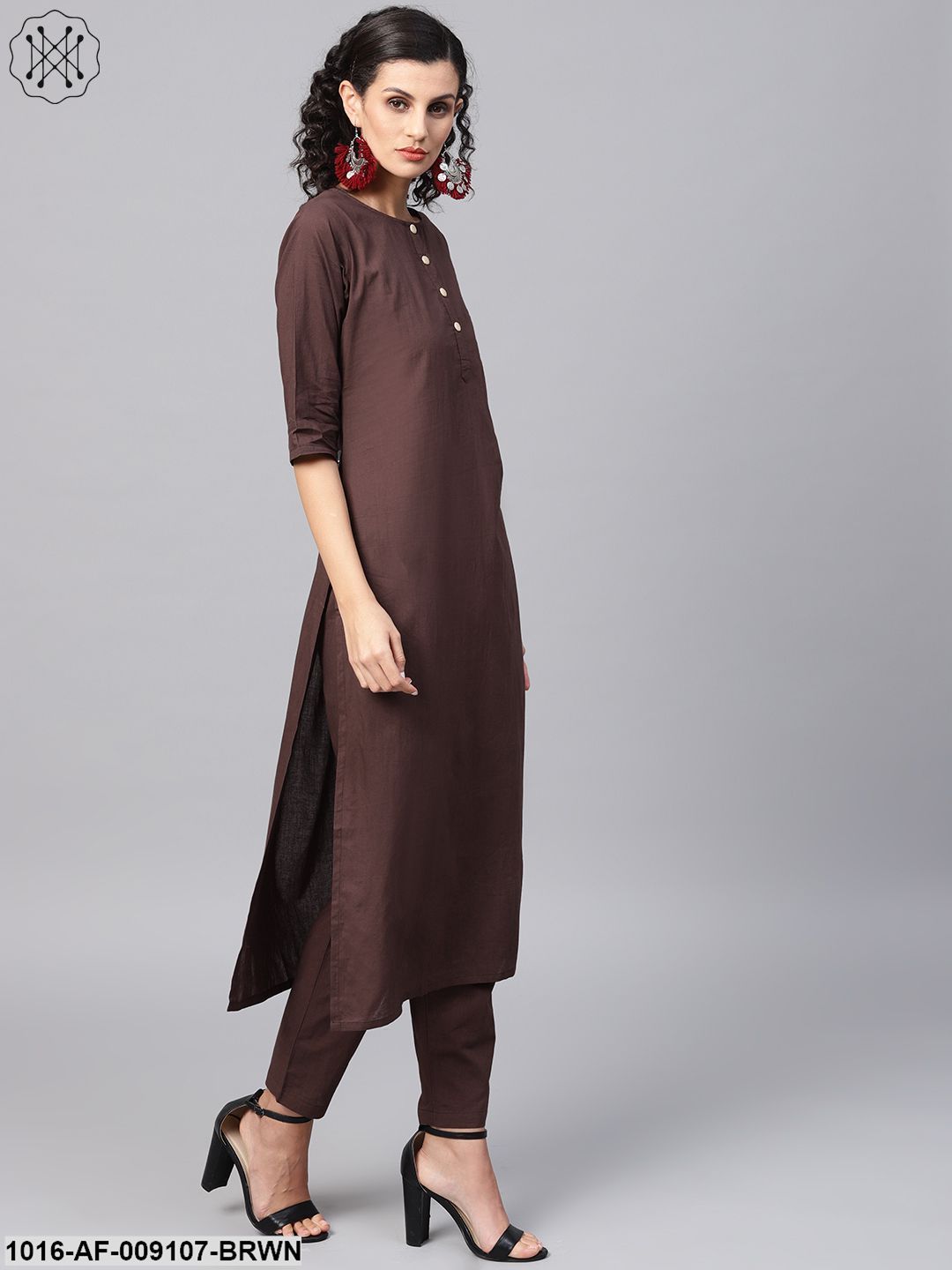 Dark Brown Solid Kurta Set With Pants& Printed Dupatta