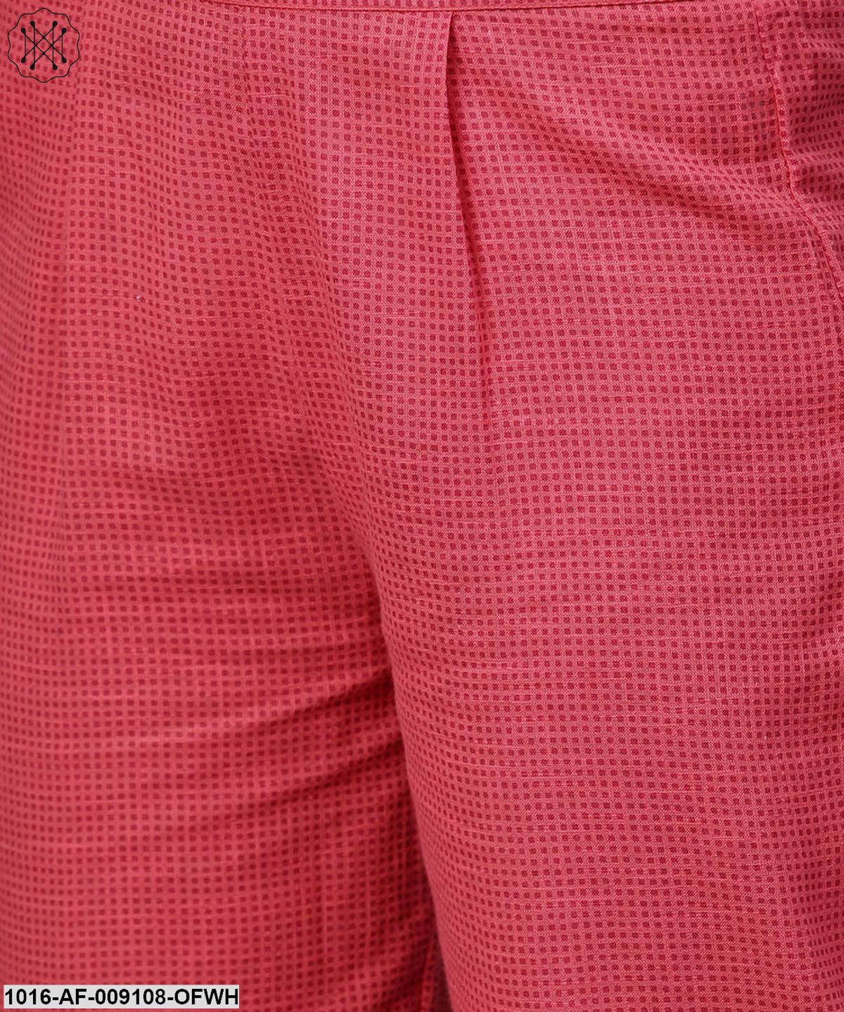 Off White Printed Full Sleeve Cotton Anarkali Kurta With Pink Ankle Length Palazzo