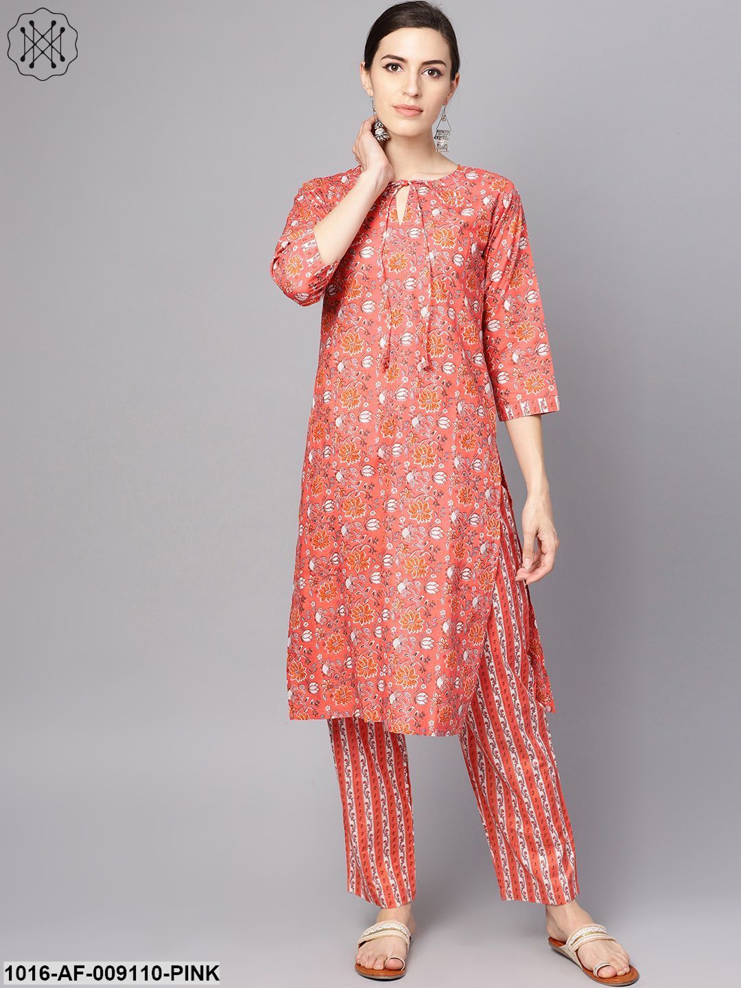 Coral Pink Floral Print Kurta Set With Pants