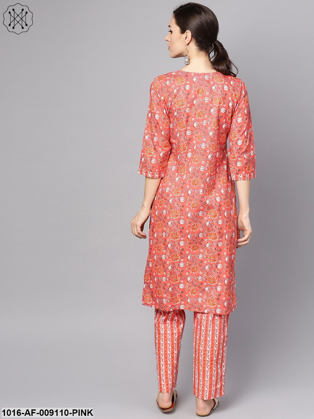 Coral Pink Floral Print Kurta Set With Pants