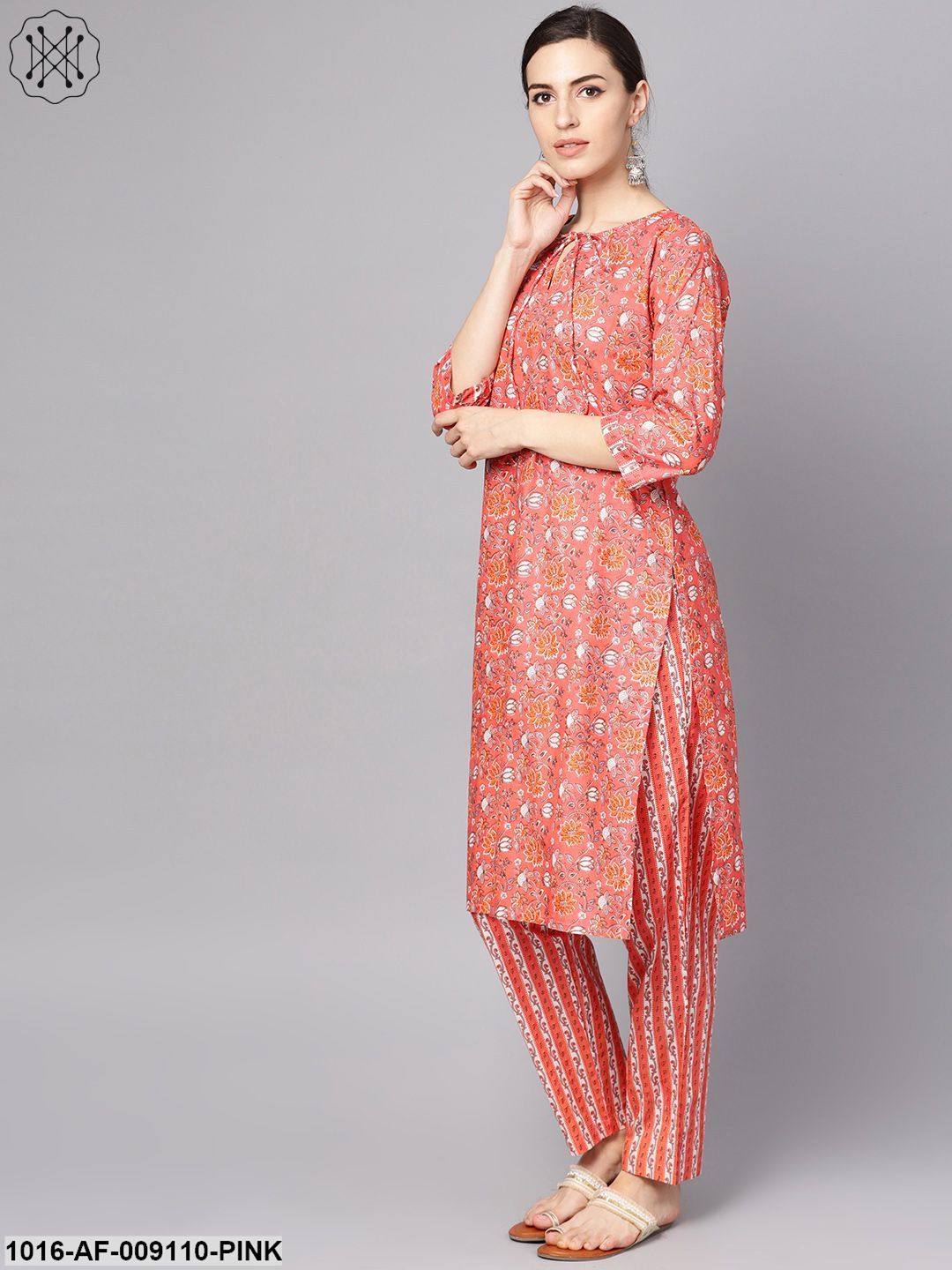 Coral Pink Floral Print Kurta Set With Pants