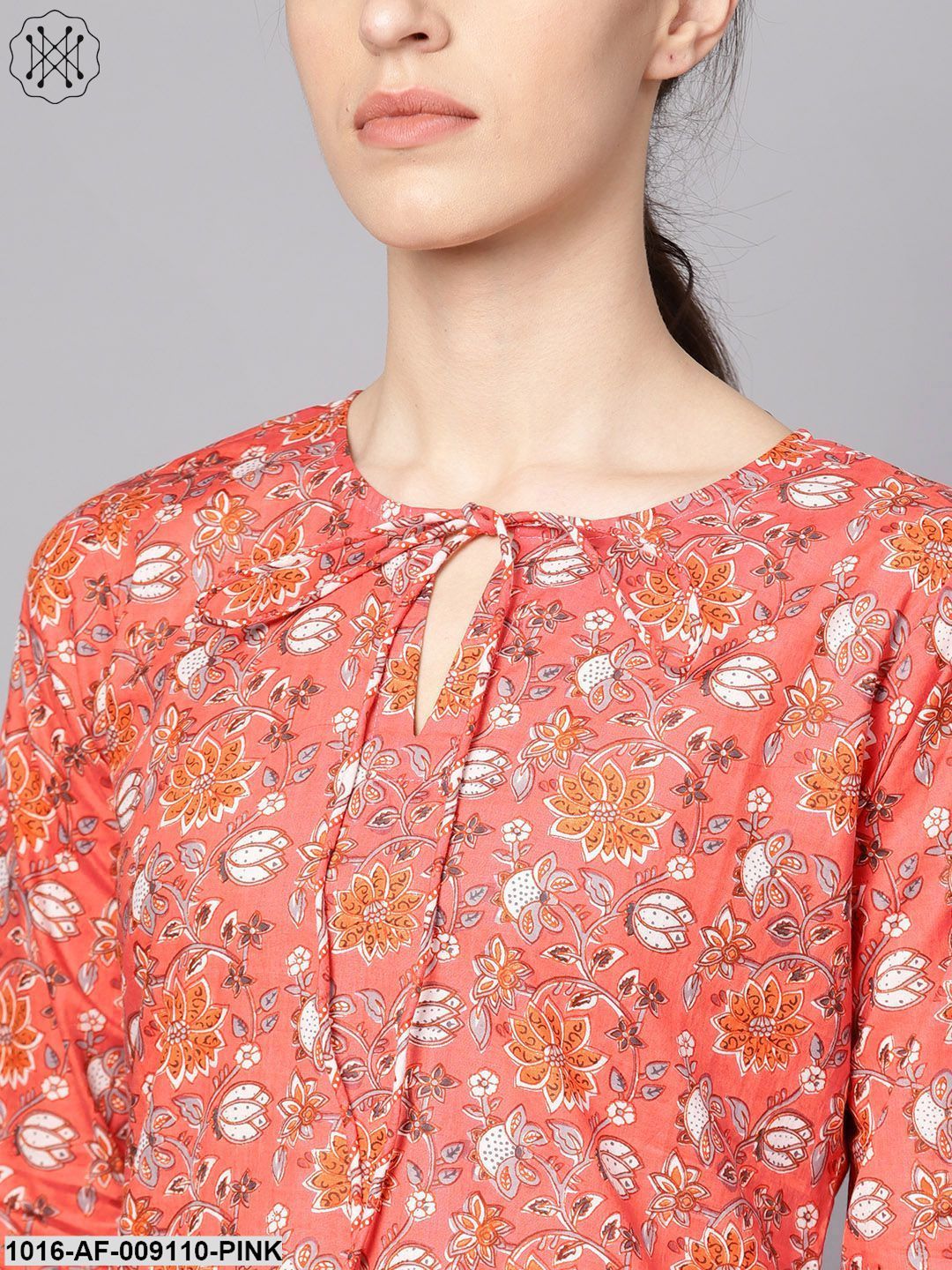 Coral Pink Floral Print Kurta Set With Pants