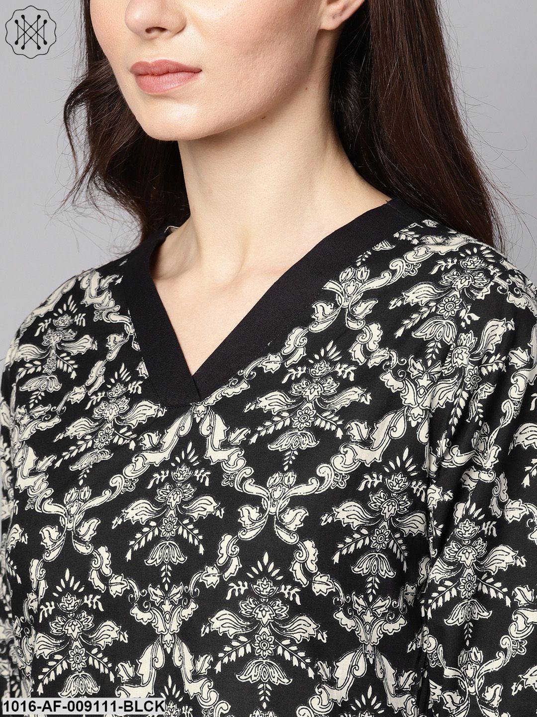 Black & White Floral Printed Kurta Set With Pants