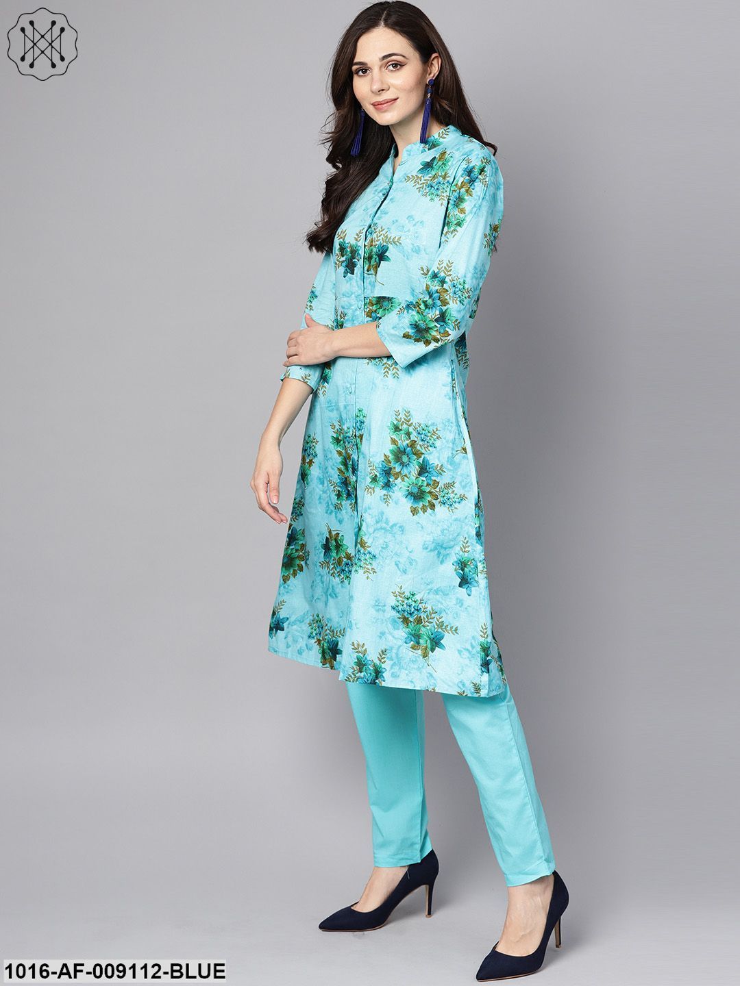 Sky Blue Floral Printed Kurta Set With Solid Pants