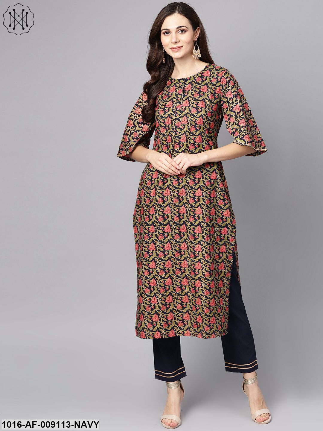 Navy Blue & Gold Khari Floral Printed Kurta Set With Solid Navy Blue Pants