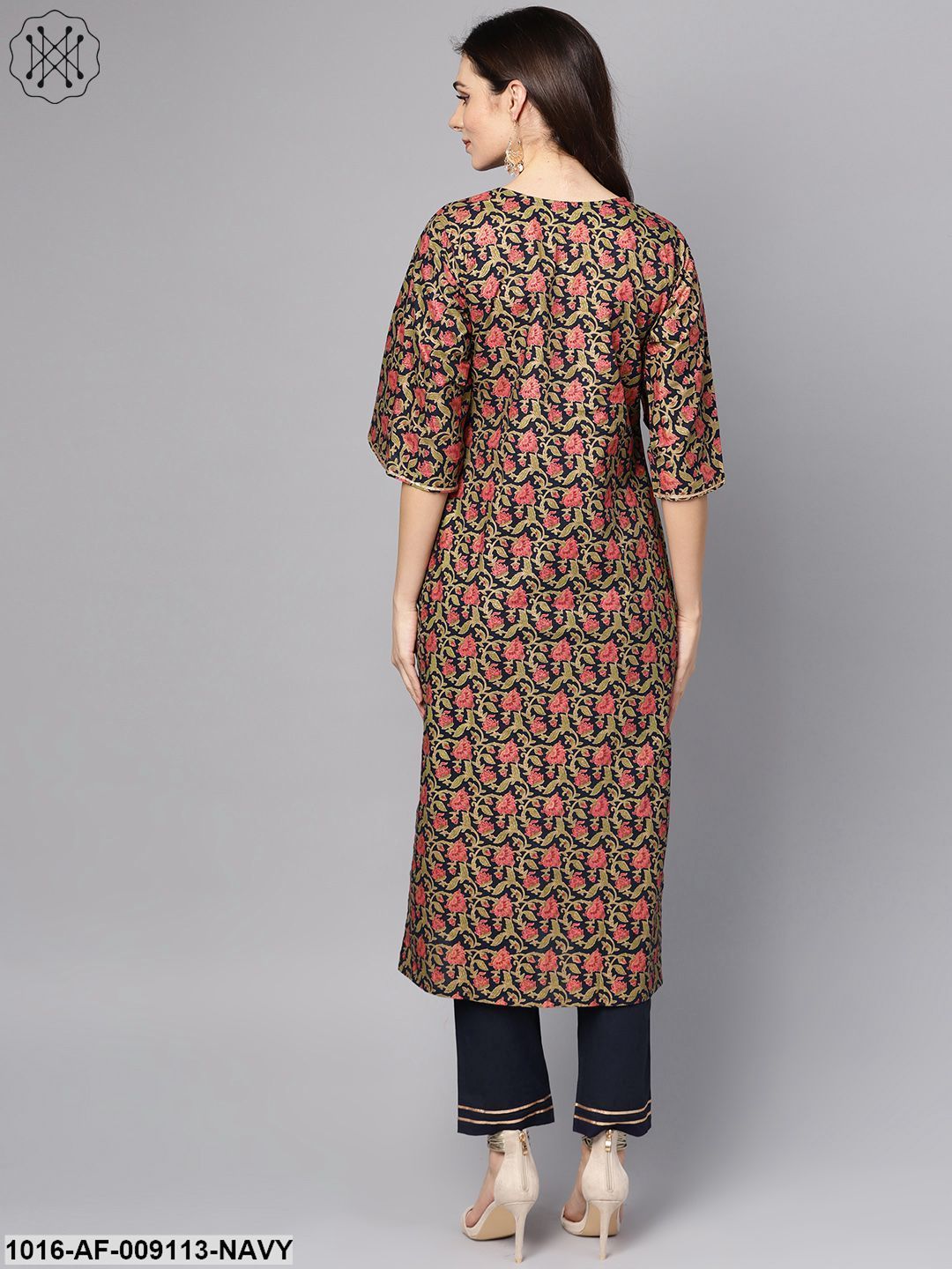 Navy Blue & Gold Khari Floral Printed Kurta Set With Solid Navy Blue Pants