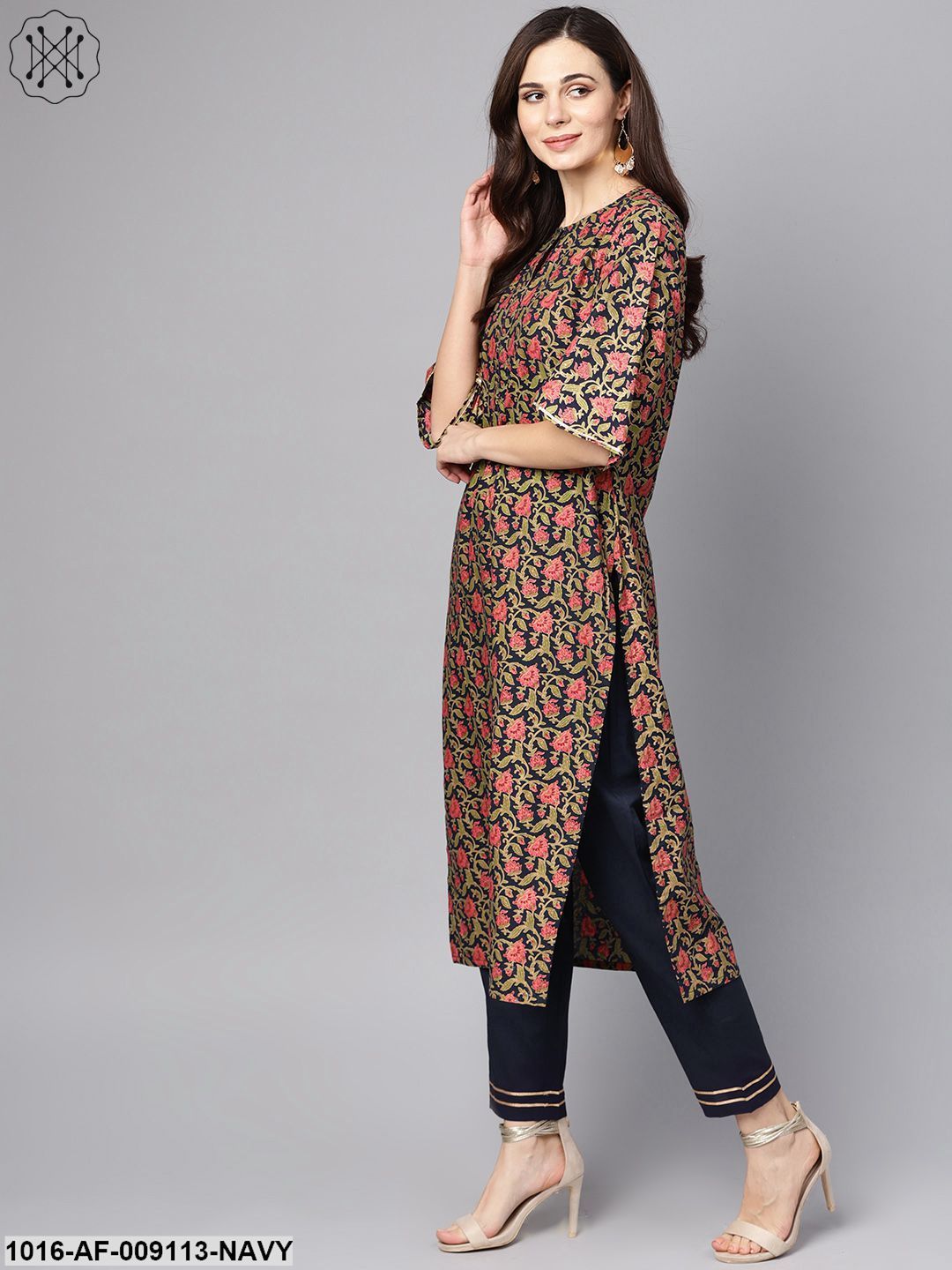Navy Blue & Gold Khari Floral Printed Kurta Set With Solid Navy Blue Pants
