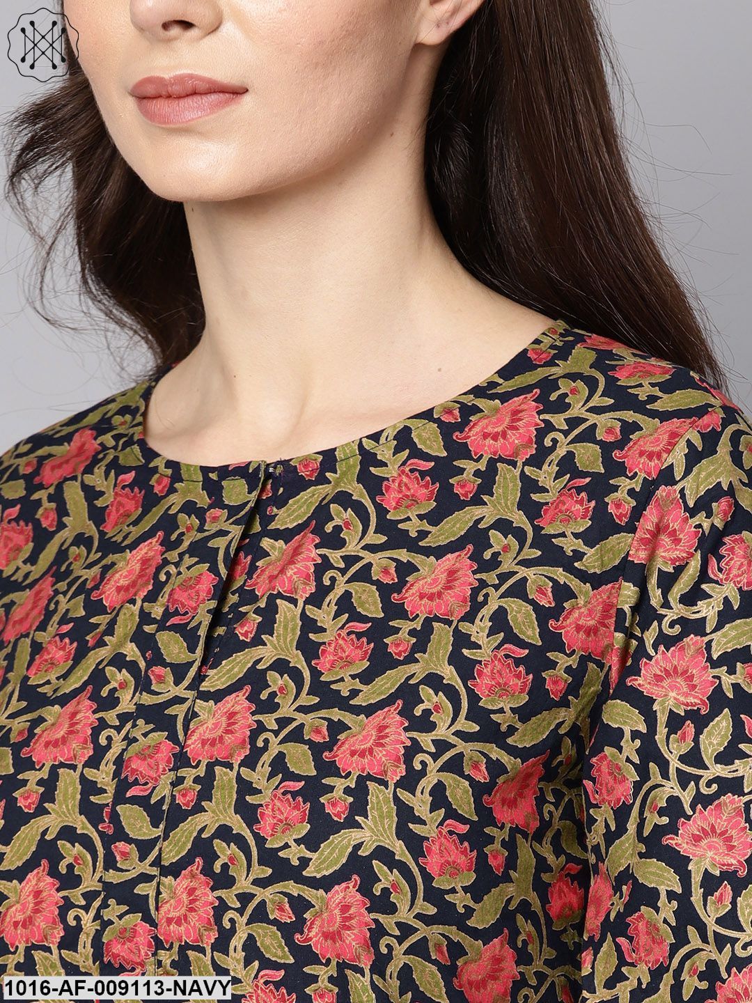 Navy Blue & Gold Khari Floral Printed Kurta Set With Solid Navy Blue Pants