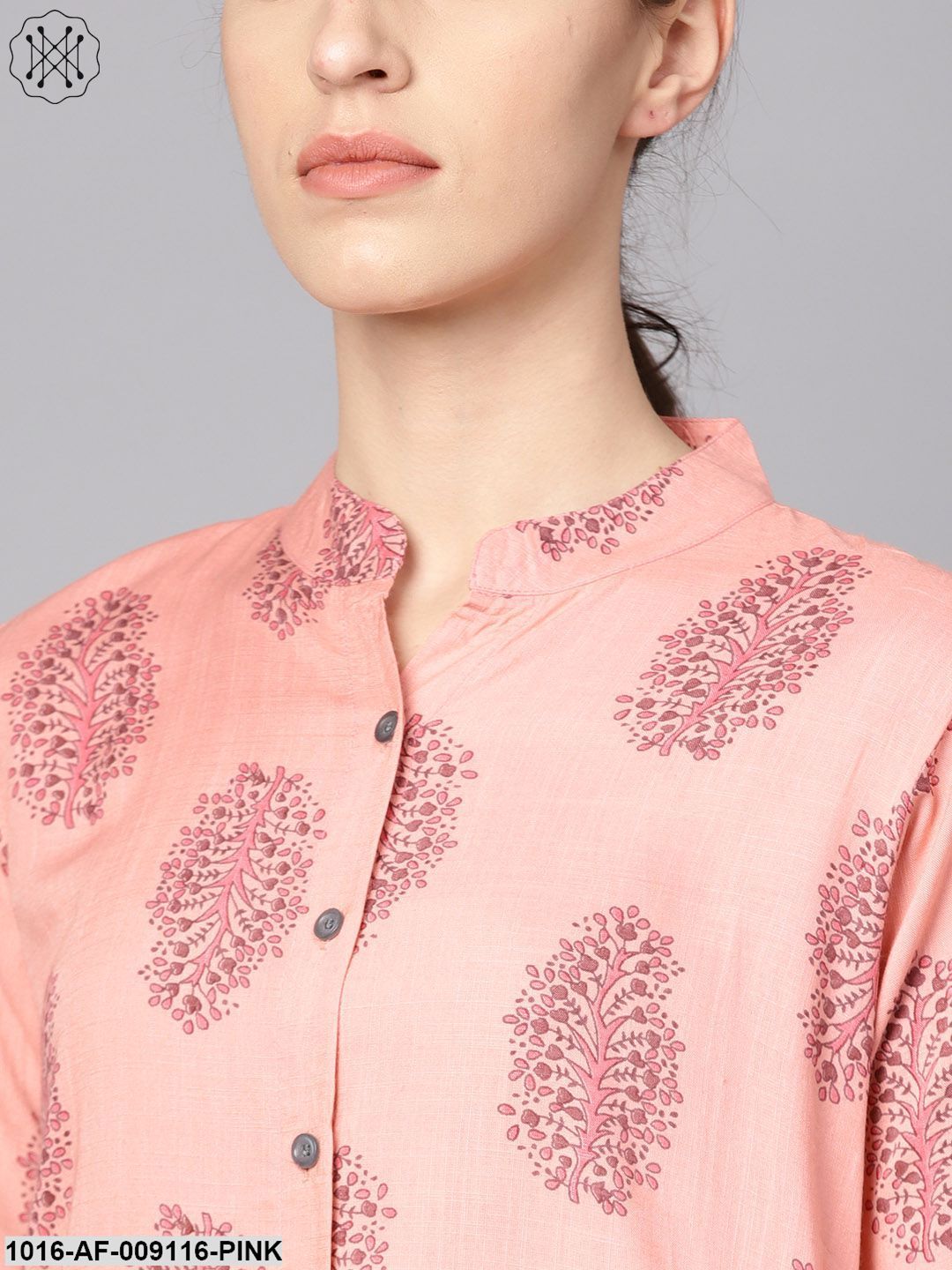 Pastel Pink Printed Kurta Set With Solid Dark Grey Pants