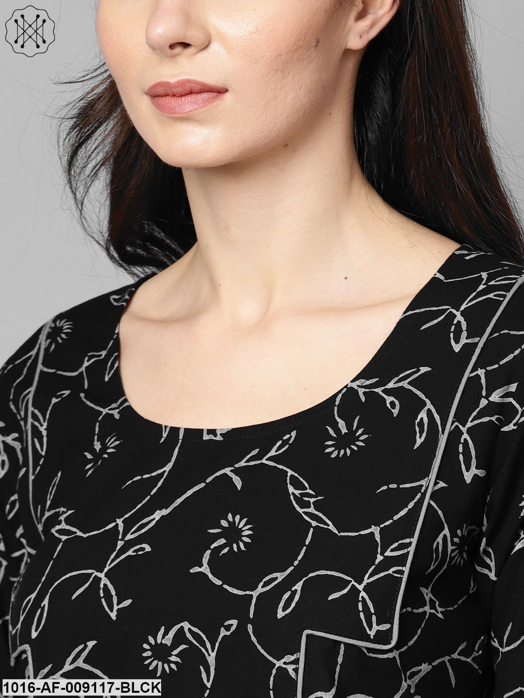 Black & Grey Floral Printed Kurta Set With Solid Black Palazzo