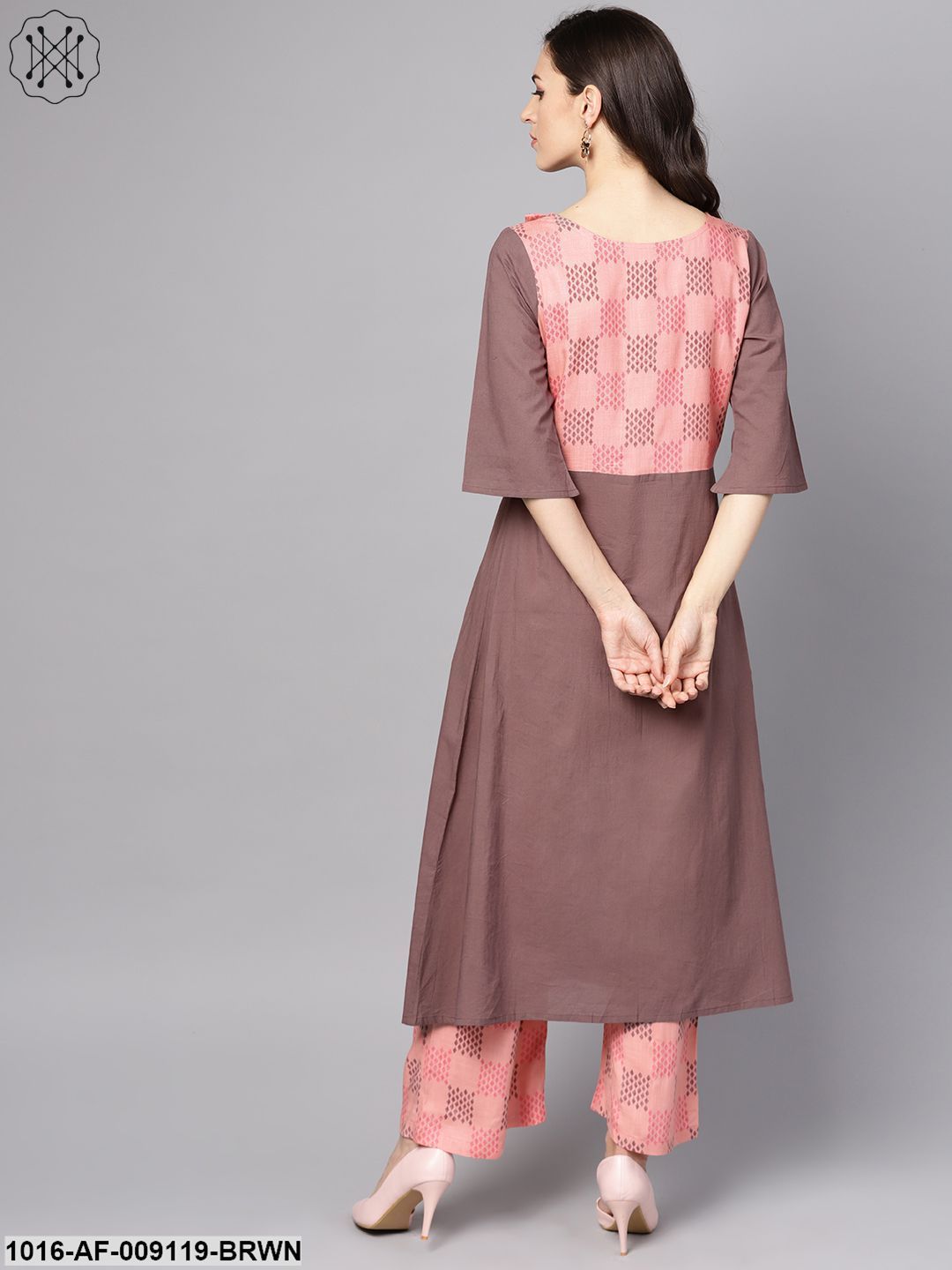 Pink & Brown A-Line Kurta Set With Pants