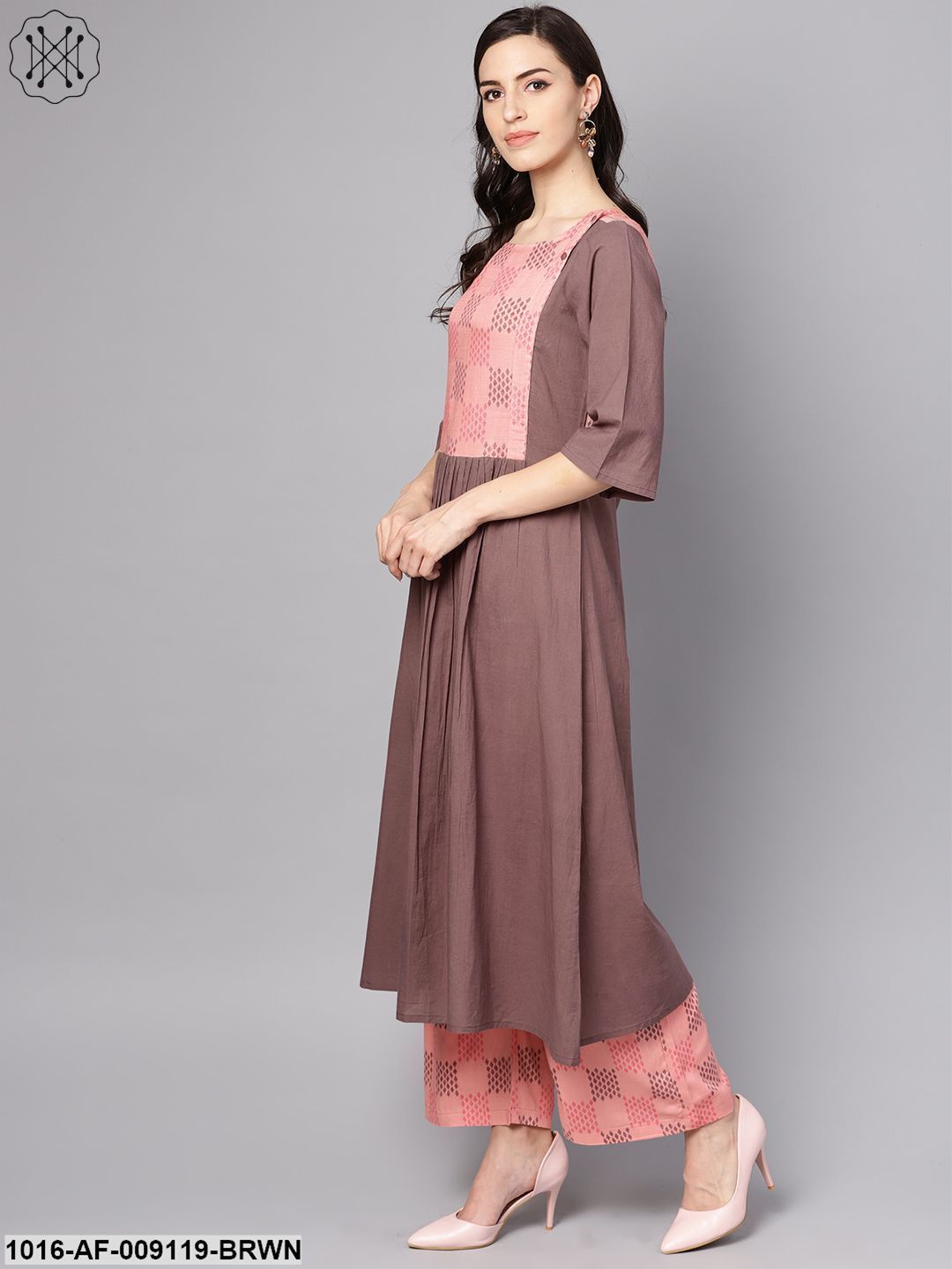 Pink & Brown A-Line Kurta Set With Pants
