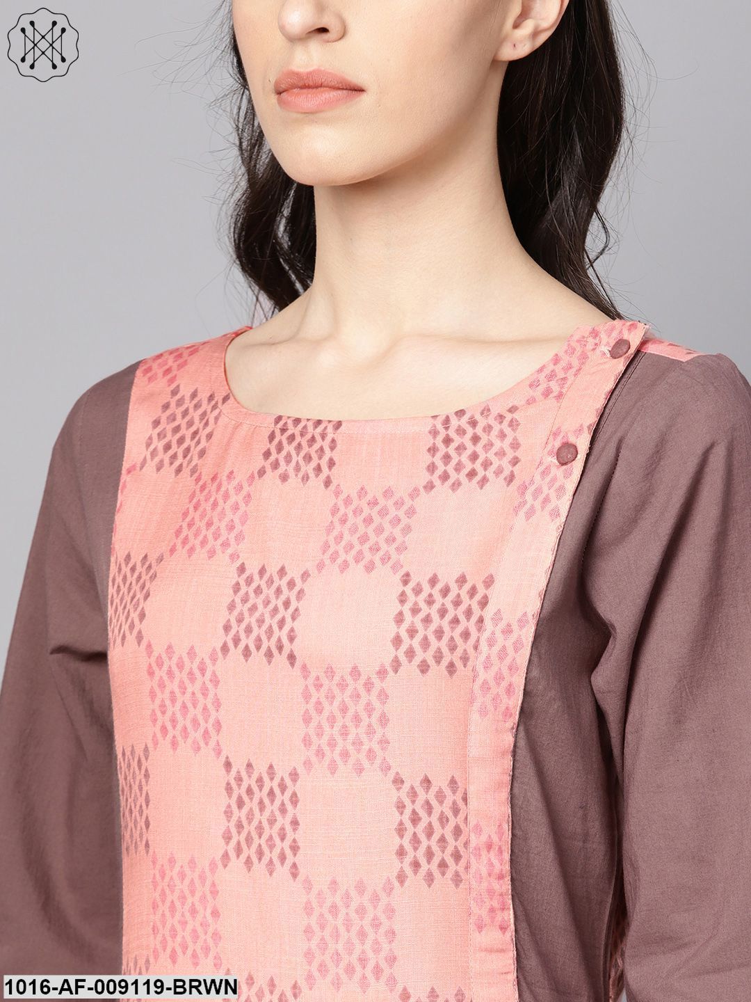 Pink & Brown A-Line Kurta Set With Pants