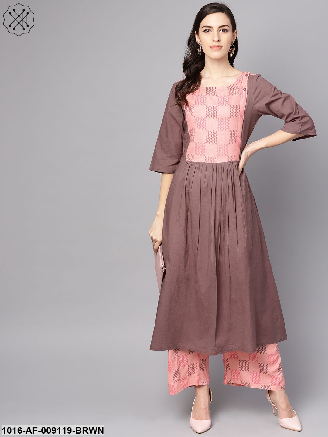 Pink & Brown A-Line Kurta Set With Pants