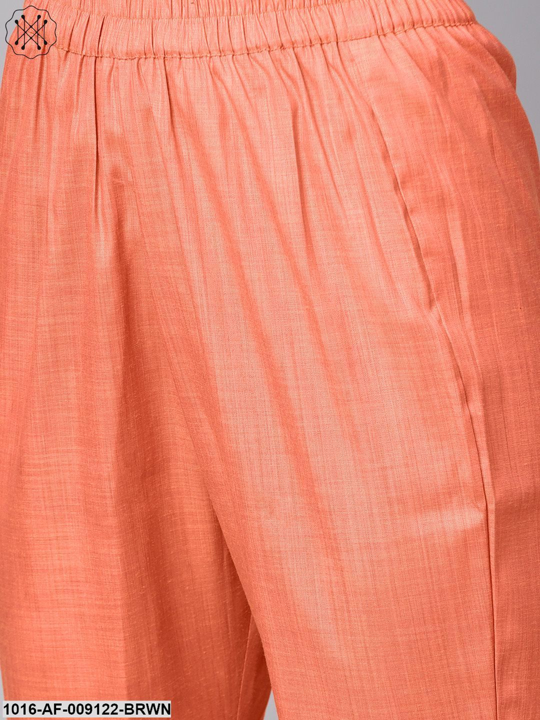 Solid Brown Half Sleeve Cotton Kurta With Solid Peach Pants