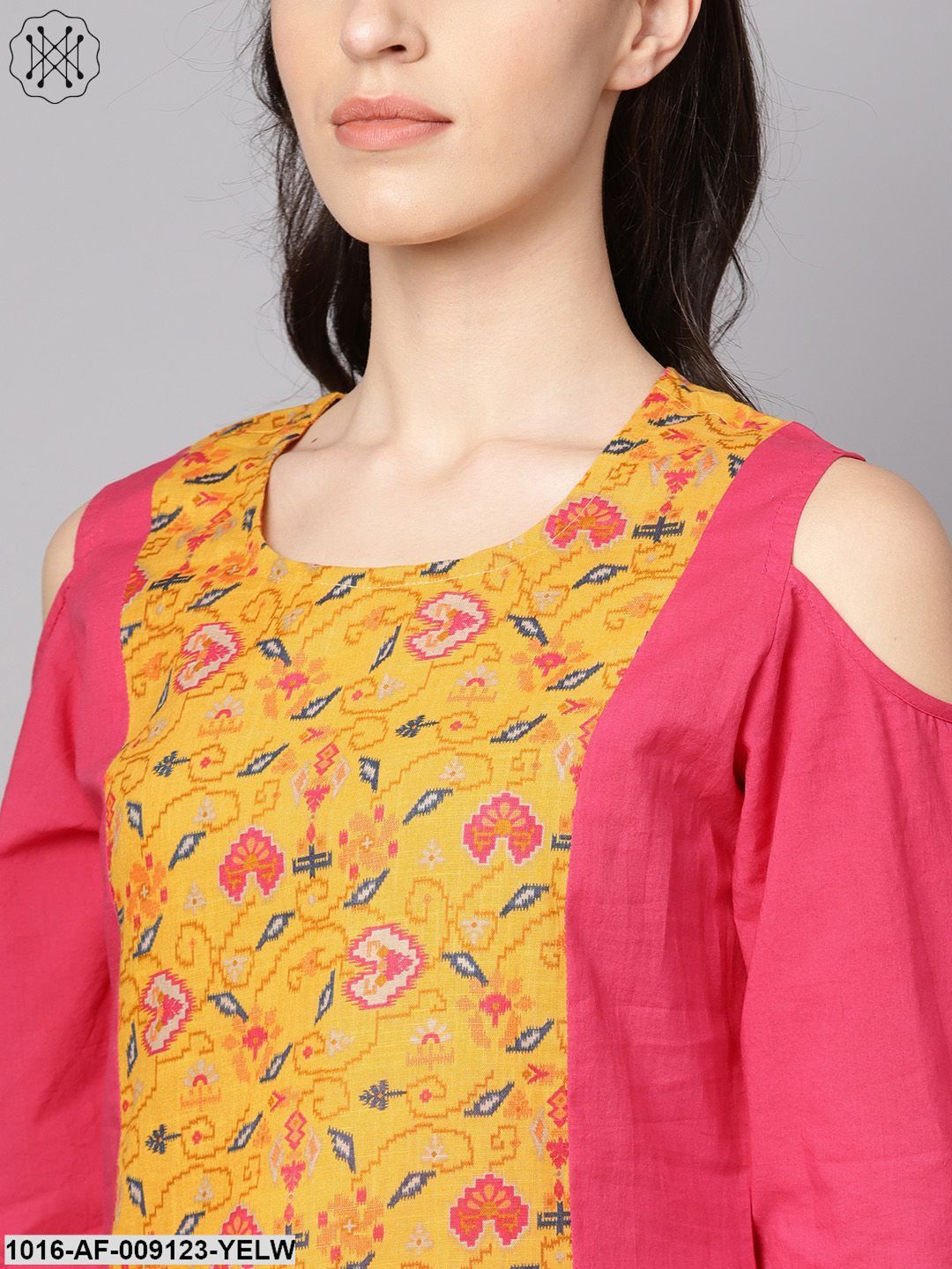 Yellow Patola Printed Cold Shoulder Sleeve Cotton Kurta With Solid Flared Palazzo