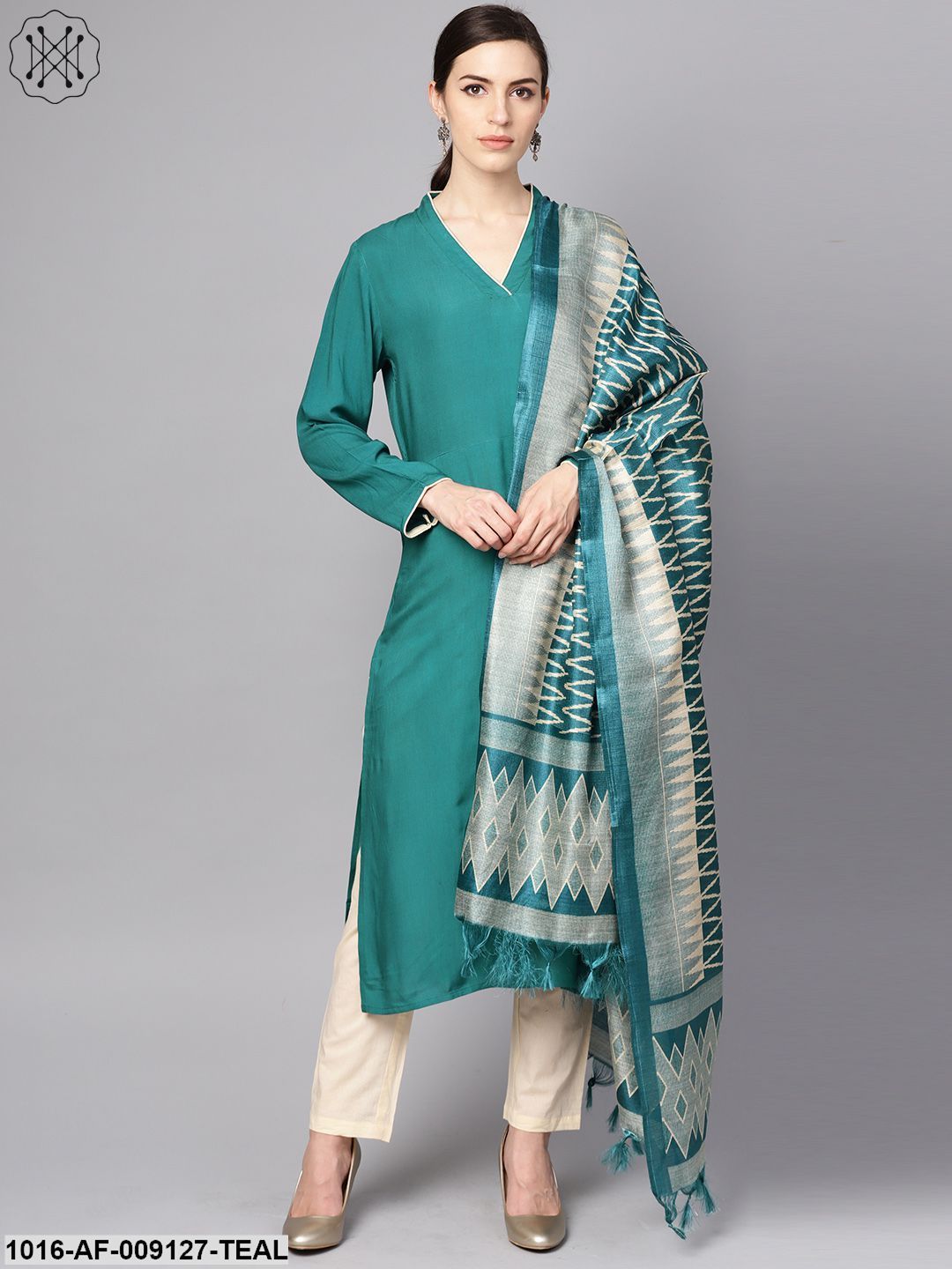 Teal Blue 3/4Th Sleeve Cotton Kurta With Beige Palazzo And Printed Dupatta