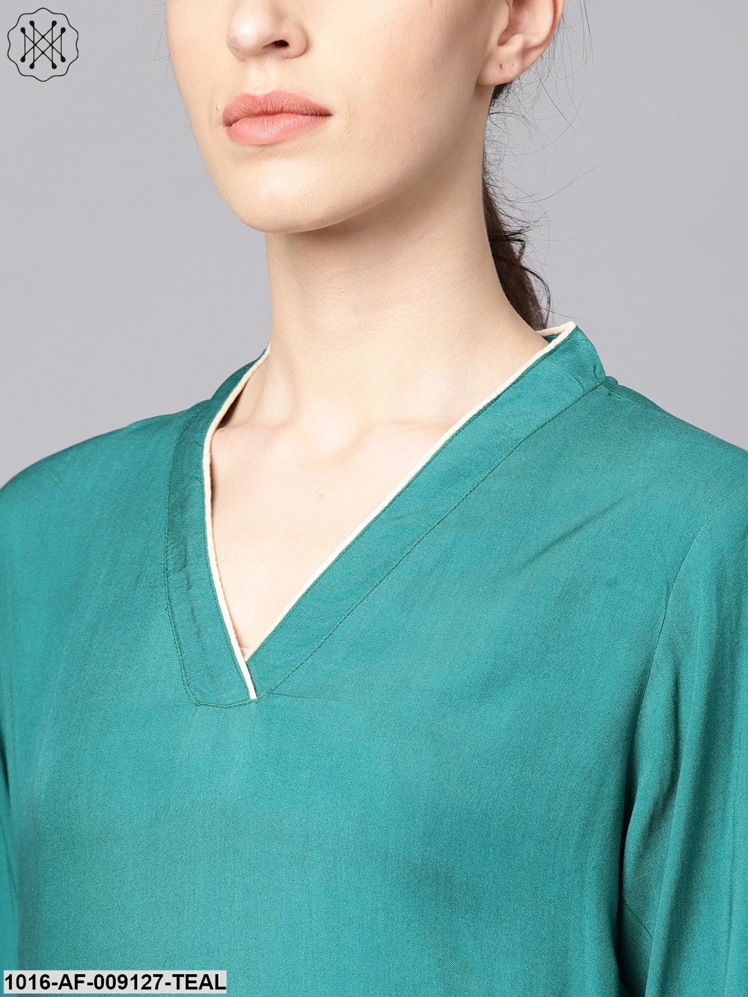 Teal Blue 3/4Th Sleeve Cotton Kurta With Beige Palazzo And Printed Dupatta