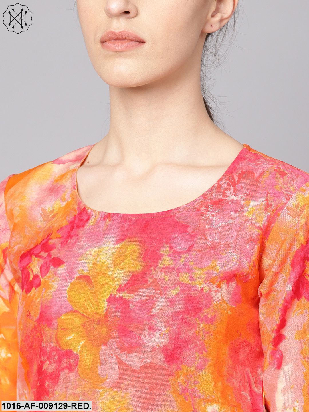 Red Printed Half Sleeve Cotton Kurta With Yellow Palazzo & Dupatta
