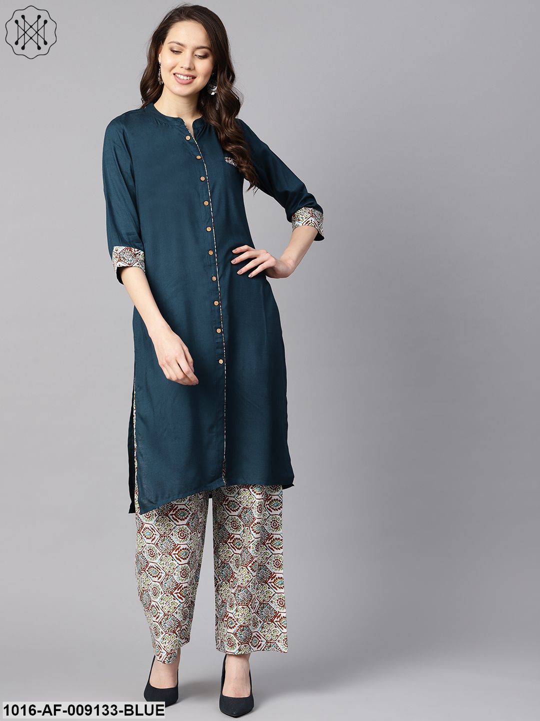 Solid Dark Blue Rayon Straight Kurta With Printed Pocket And Cotton Printed Palazzo
