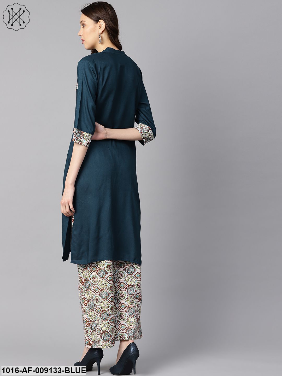Solid Dark Blue Rayon Straight Kurta With Printed Pocket And Cotton Printed Palazzo
