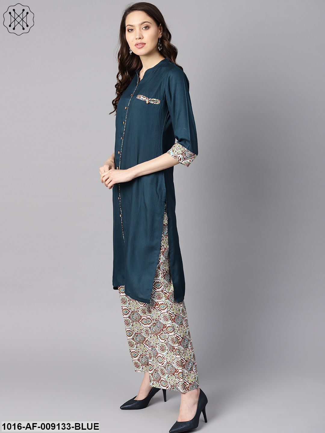 Solid Dark Blue Rayon Straight Kurta With Printed Pocket And Cotton Printed Palazzo
