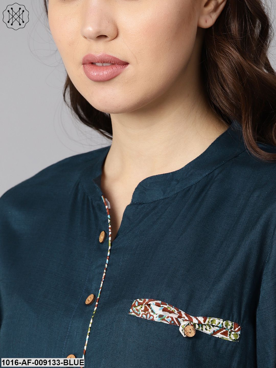 Solid Dark Blue Rayon Straight Kurta With Printed Pocket And Cotton Printed Palazzo